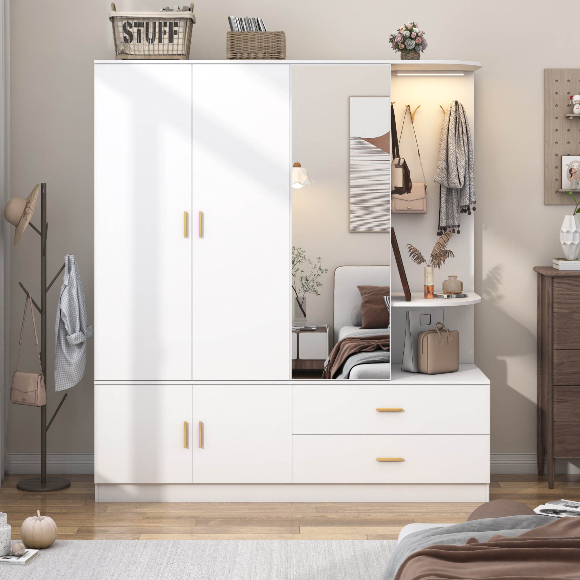 Blotout 4 Door Armoire Wardrobe Closet with Mirror & Sensor Lights, 70'' Large Wardrobe Armoire with 2 Drawers & Shelves, Modern Wooden Armoire Storage with Hanging Rod for Bedroom Home