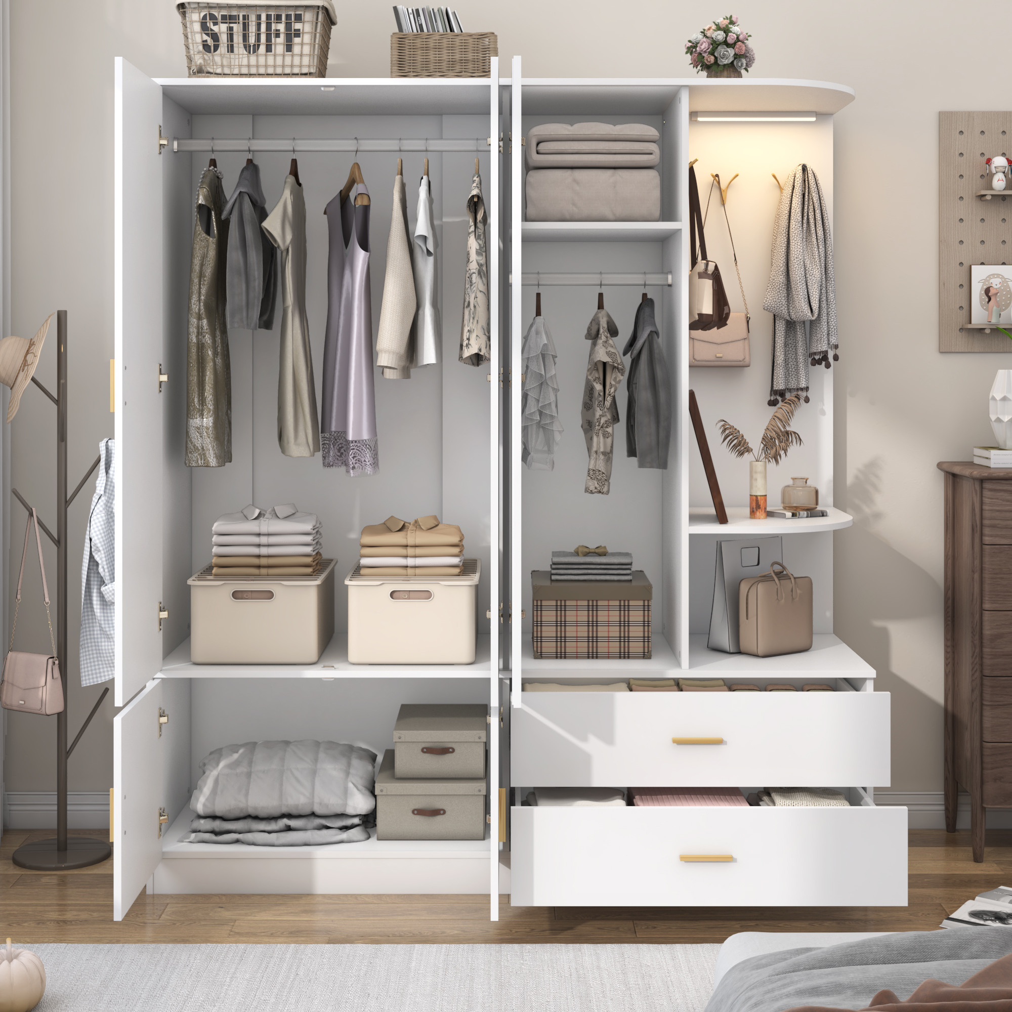 Blotout 4 Door Armoire Wardrobe Closet with Mirror & Sensor Lights, 70'' Large Wardrobe Armoire with 2 Drawers & Shelves, Modern Wooden Armoire Storage with Hanging Rod for Bedroom Home