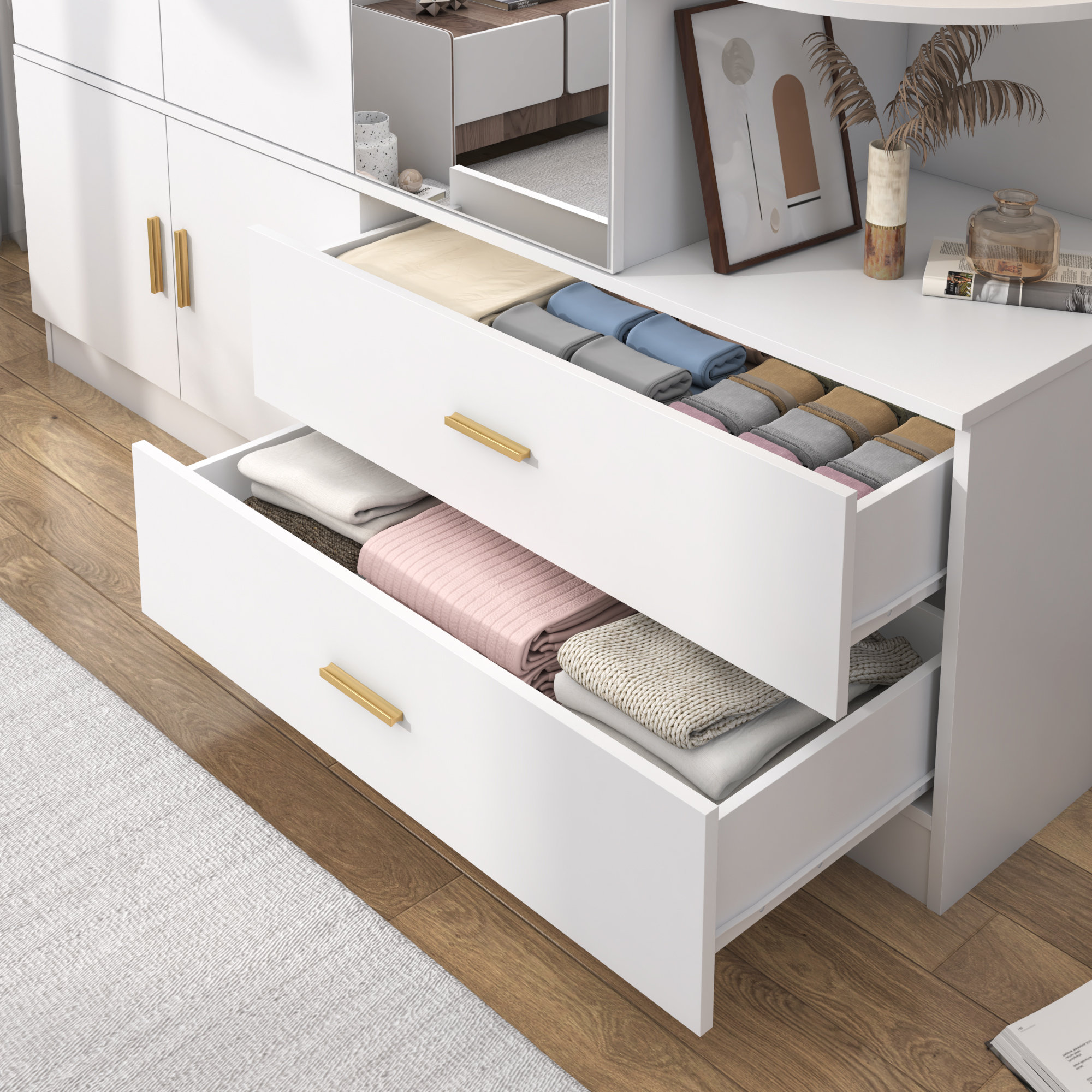 Blotout 4 Door Armoire Wardrobe Closet with Mirror & Sensor Lights, 70'' Large Wardrobe Armoire with 2 Drawers & Shelves, Modern Wooden Armoire Storage with Hanging Rod for Bedroom Home