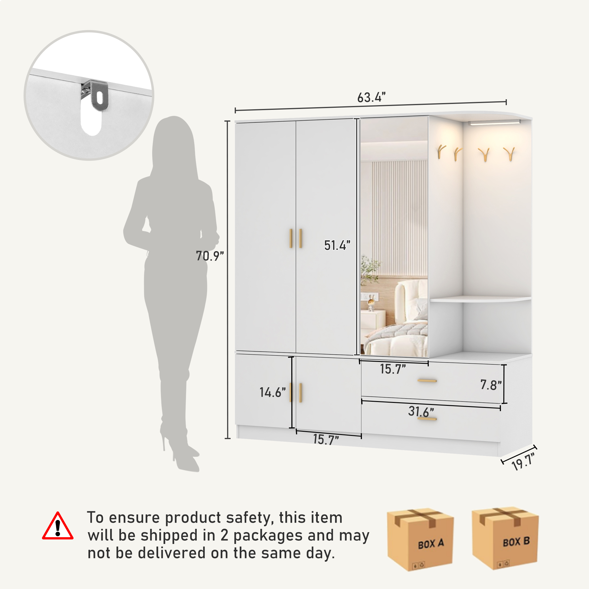 Blotout 4 Door Armoire Wardrobe Closet with Mirror & Sensor Lights, 70'' Large Wardrobe Armoire with 2 Drawers & Shelves, Modern Wooden Armoire Storage with Hanging Rod for Bedroom Home