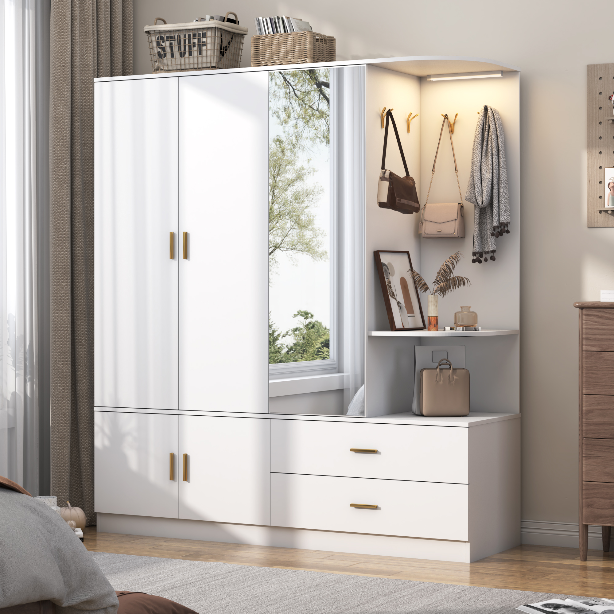 Blotout 4 Door Armoire Wardrobe Closet with Mirror & Sensor Lights, 70'' Large Wardrobe Armoire with 2 Drawers & Shelves, Modern Wooden Armoire Storage with Hanging Rod for Bedroom Home