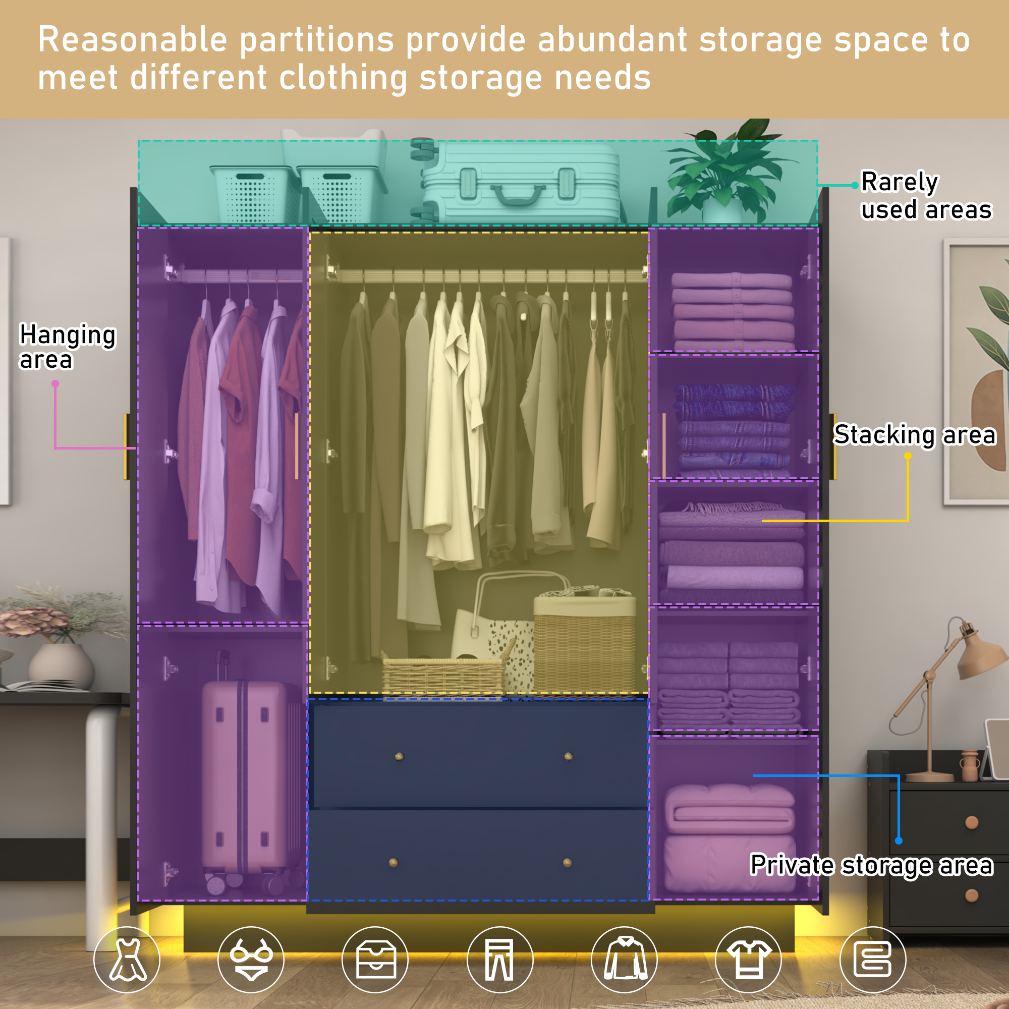 Blotout 70" Armoire Wardrobe Closet with Mirror, LED Wardrobe Armoire with 2 Drawers, 4 Door Wood Armoire Storage with Hanging Rods and Multi-Layer Shelves