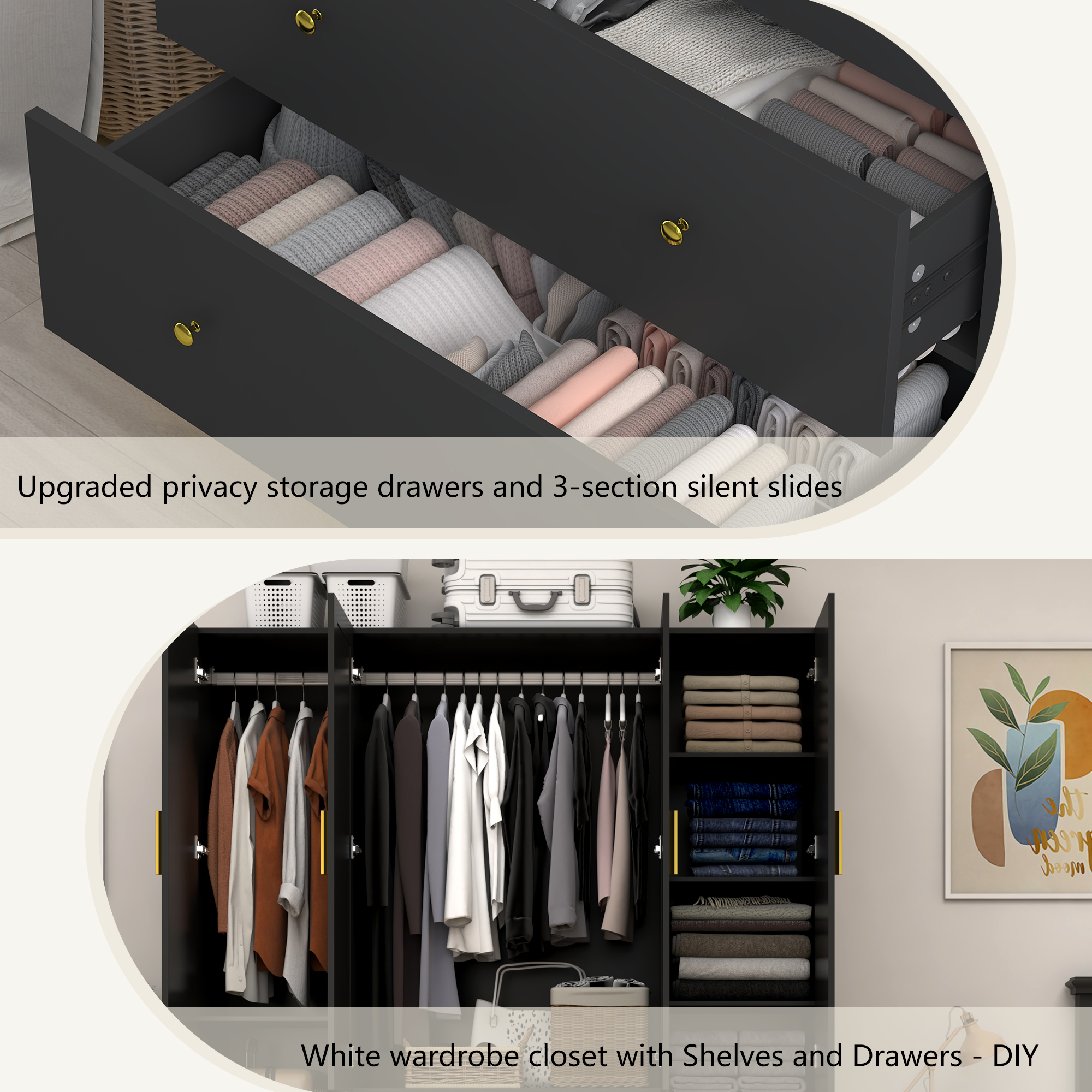 Blotout 70" Armoire Wardrobe Closet with Mirror, LED Wardrobe Armoire with 2 Drawers, 4 Door Wood Armoire Storage with Hanging Rods and Multi-Layer Shelves