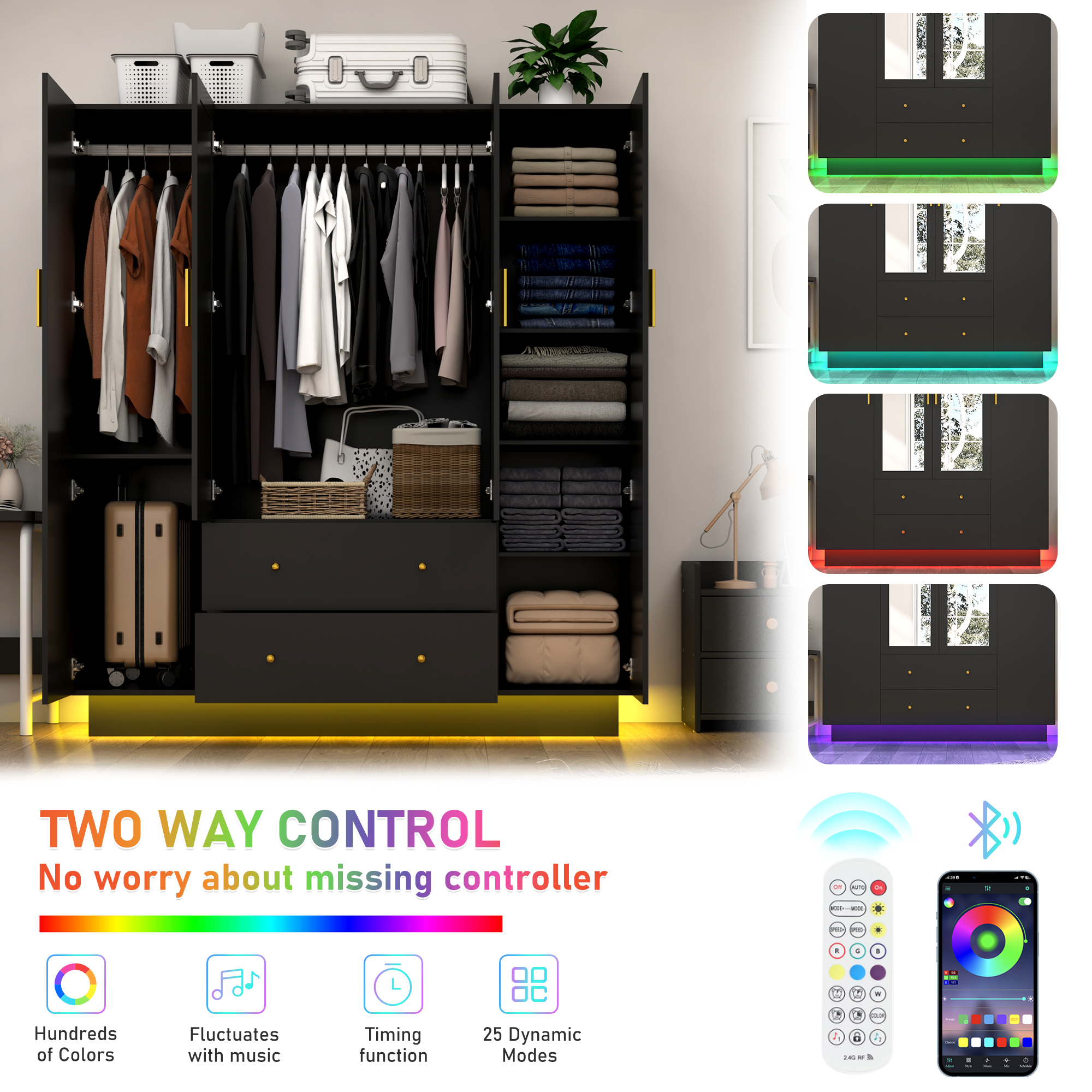 Blotout 70" Armoire Wardrobe Closet with Mirror, LED Wardrobe Armoire with 2 Drawers, 4 Door Wood Armoire Storage with Hanging Rods and Multi-Layer Shelves