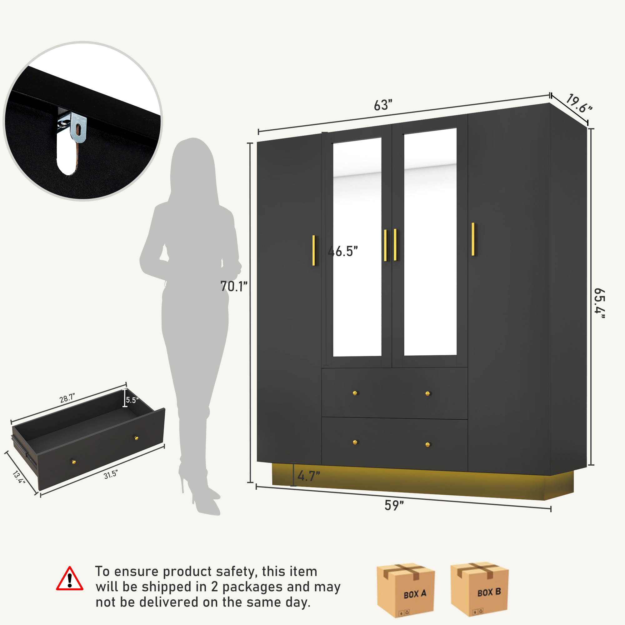 Blotout 70" Armoire Wardrobe Closet with Mirror, LED Wardrobe Armoire with 2 Drawers, 4 Door Wood Armoire Storage with Hanging Rods and Multi-Layer Shelves