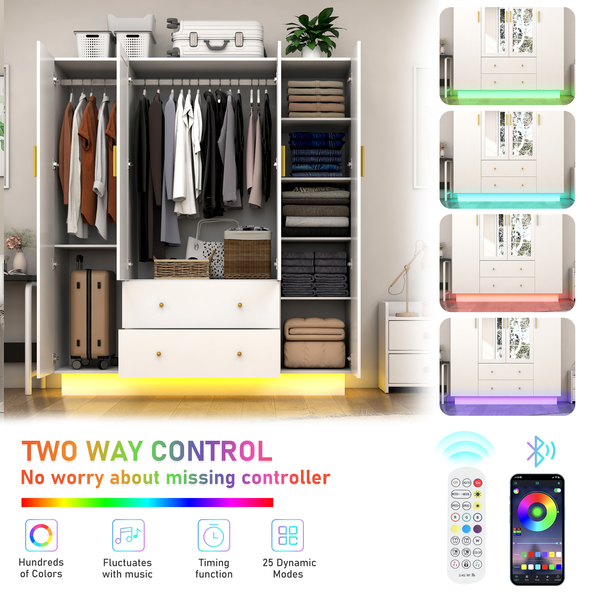 Blotout 70" Armoire Wardrobe Closet with Mirror, LED Wardrobe Armoire with 2 Drawers, 4 Door Wood Armoire Storage with Hanging Rods and Multi-Layer Shelves