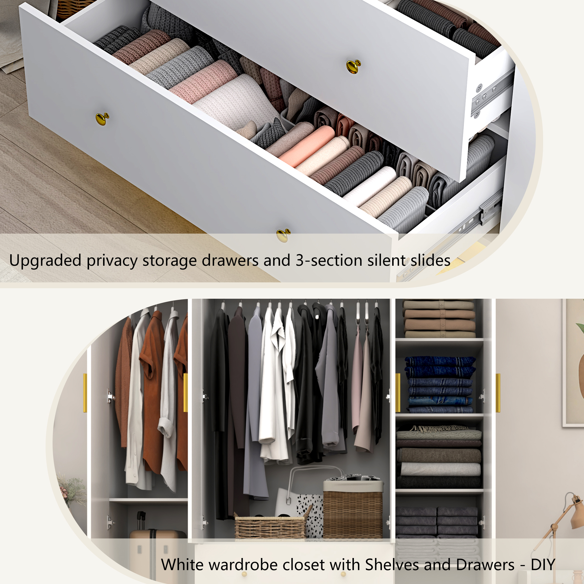 Blotout 70" Armoire Wardrobe Closet with Mirror, LED Wardrobe Armoire with 2 Drawers, 4 Door Wood Armoire Storage with Hanging Rods and Multi-Layer Shelves