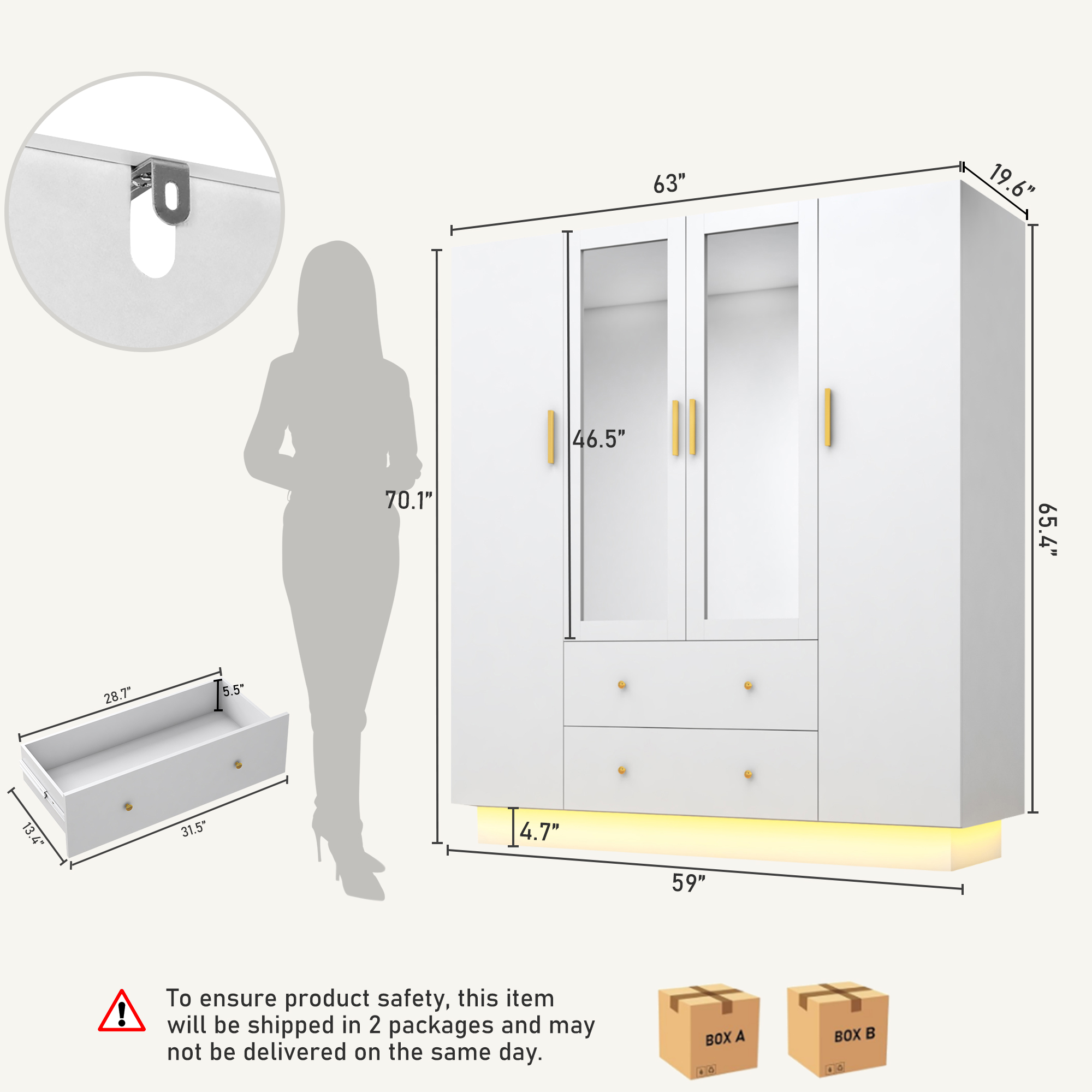 Blotout 70" Armoire Wardrobe Closet with Mirror, LED Wardrobe Armoire with 2 Drawers, 4 Door Wood Armoire Storage with Hanging Rods and Multi-Layer Shelves