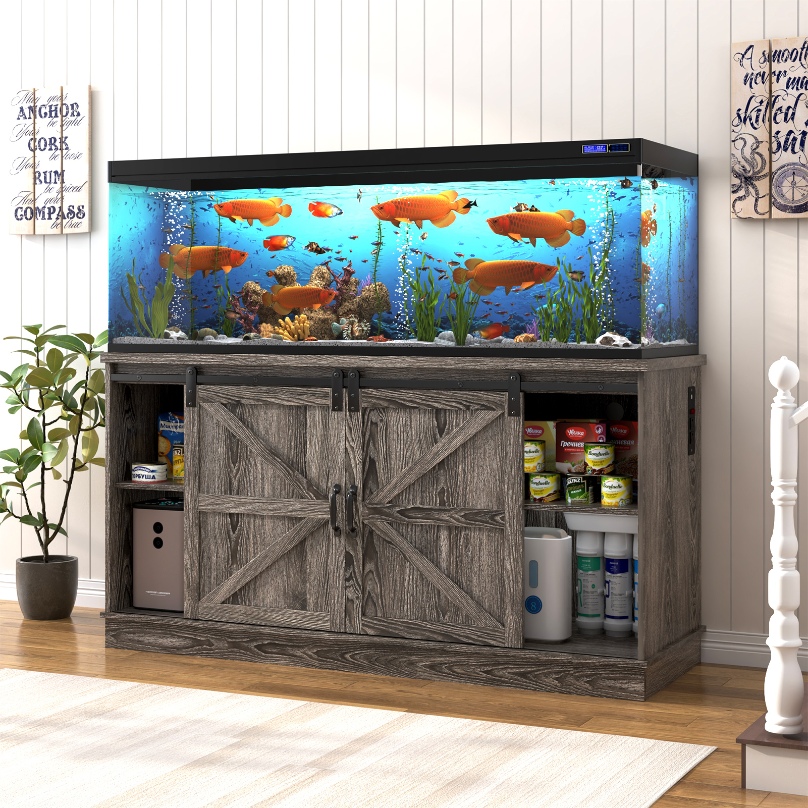 55-75 Gallon Fish Tank Stand with Power Outlets, Heavy Duty Metal Aquarium Stand for 2 Fish Tank Accessories Storage, Suit for Turtle Tank, Reptile Terrarium, 880lbs Capacity, Black