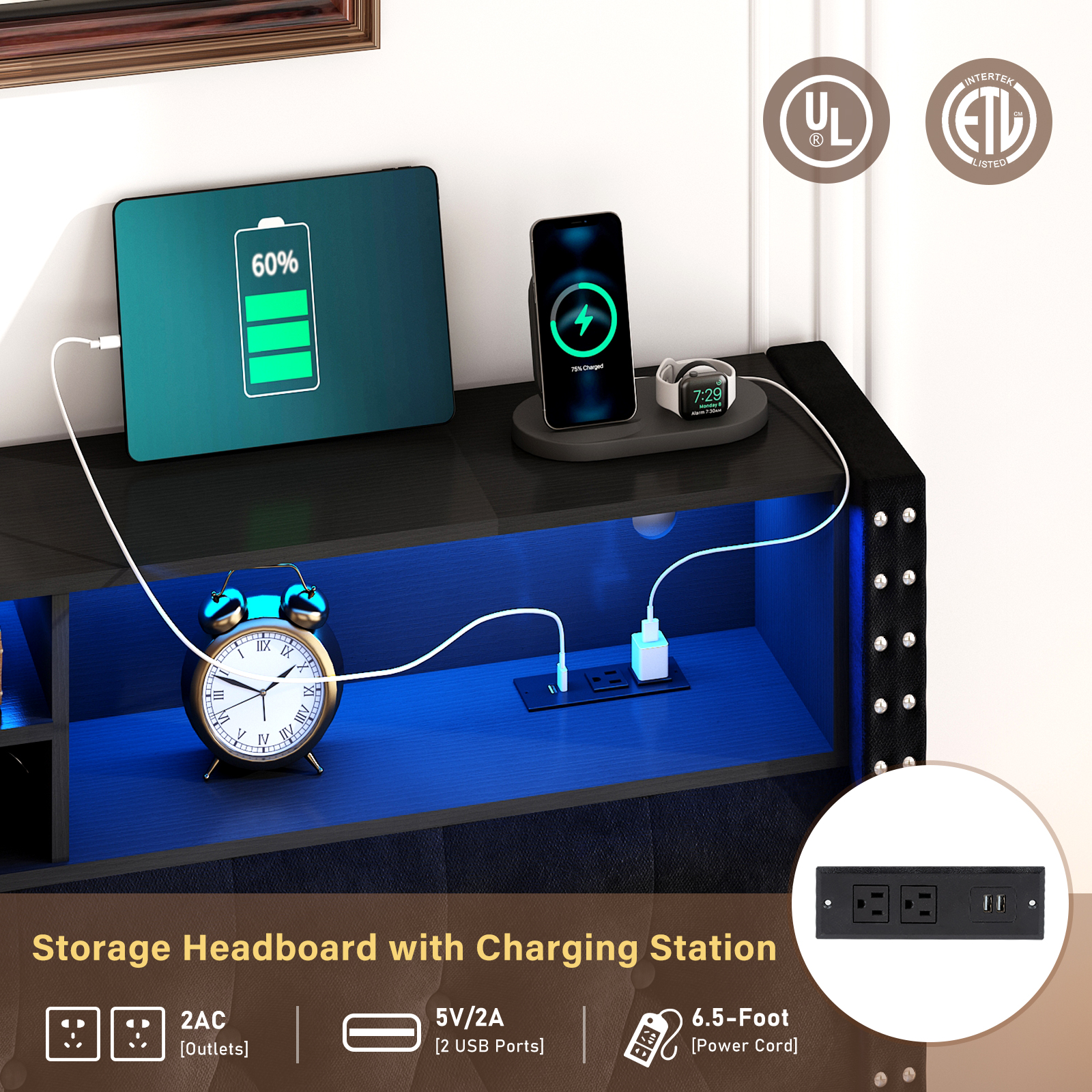 Blotout Queen LED Upholstered Floating Bed Frame with Wingback Headboard, Velvet Diamond Button Tufted Bed Frame USB & AC Outlets and Side Pockets, Wood Slats Support, No Box Spring Needed