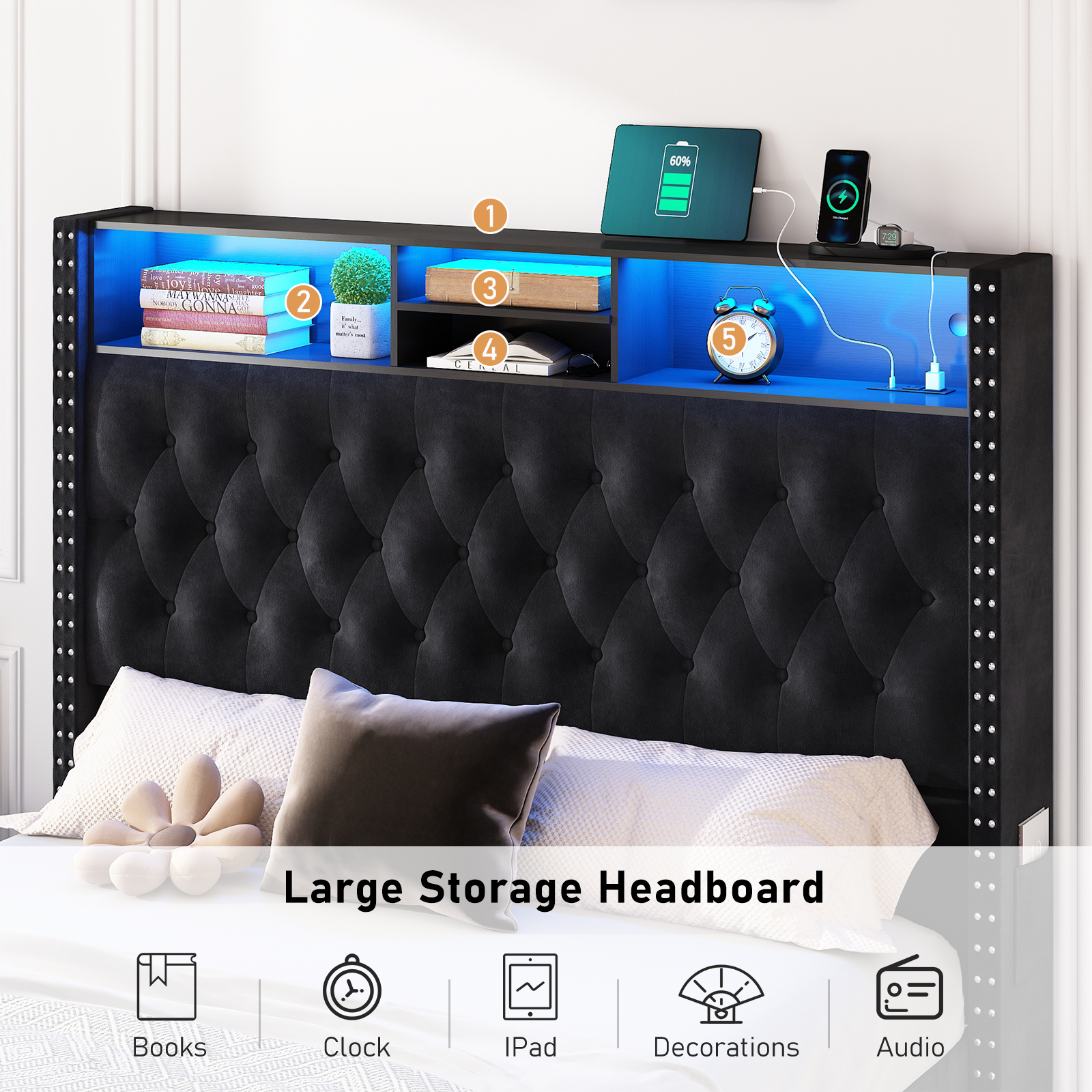 Blotout Queen LED Upholstered Floating Bed Frame with Wingback Headboard, Velvet Diamond Button Tufted Bed Frame USB & AC Outlets and Side Pockets, Wood Slats Support, No Box Spring Needed