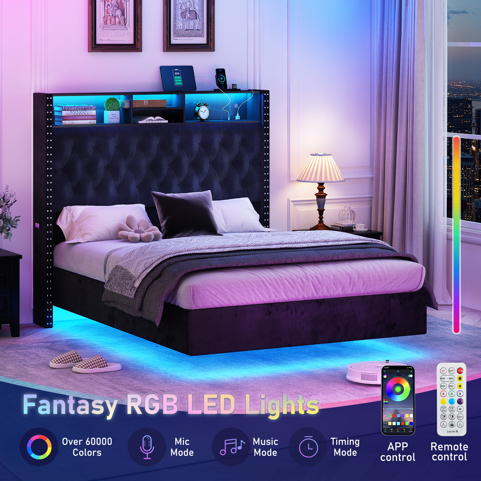 Blotout Queen LED Upholstered Floating Bed Frame with Wingback Headboard, Velvet Diamond Button Tufted Bed Frame USB & AC Outlets and Side Pockets, Wood Slats Support, No Box Spring Needed