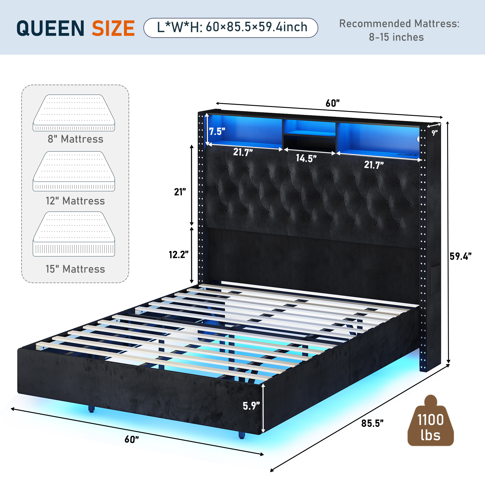 Blotout Queen LED Upholstered Floating Bed Frame with Wingback Headboard, Velvet Diamond Button Tufted Bed Frame USB & AC Outlets and Side Pockets, Wood Slats Support, No Box Spring Needed