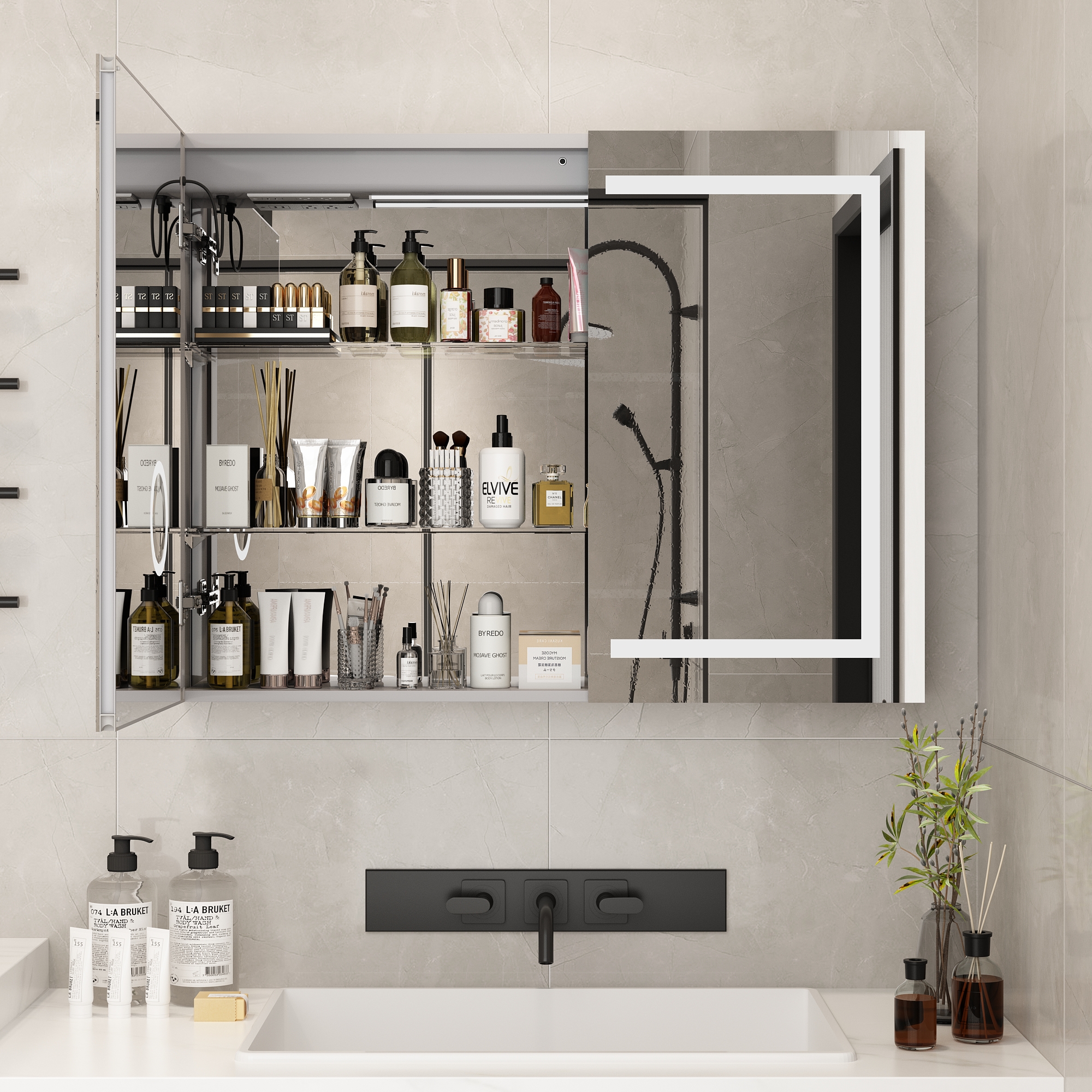 Blotout 36'' LED Medicine Cabinet with Mirror&Power Outlets,Bathroom Wall Storage Cabinet w/2 Door&Anti-Fog,Dimmable,3X Magnify Cosmetic Mirror/Adjustable Shelves for Home,Bathroom,Silver