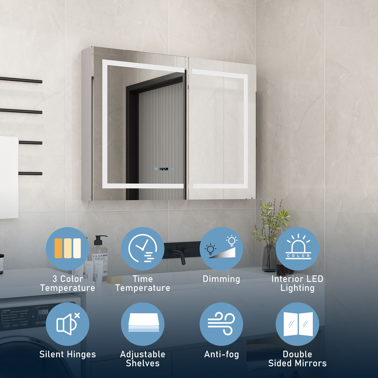 Blotout 36'' LED Medicine Cabinet with Mirror&Power Outlets,Bathroom Wall Storage Cabinet w/2 Door&Anti-Fog,Dimmable,3X Magnify Cosmetic Mirror/Adjustable Shelves for Home,Bathroom,Silver