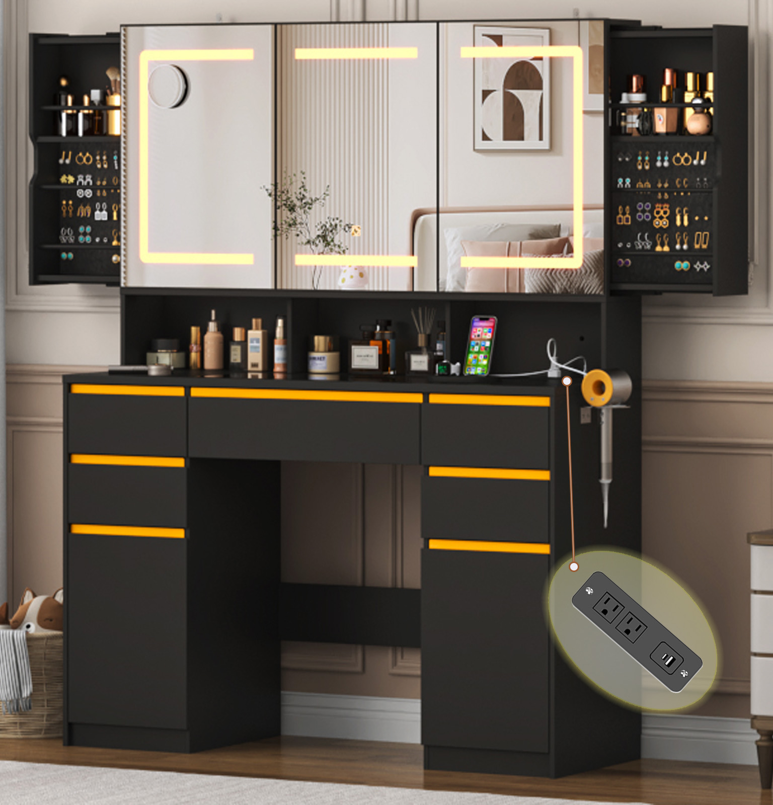 Vanity Desk with 47" Large Lighted Mirror & Sliding Jewelry Shelves & 5 Drawers