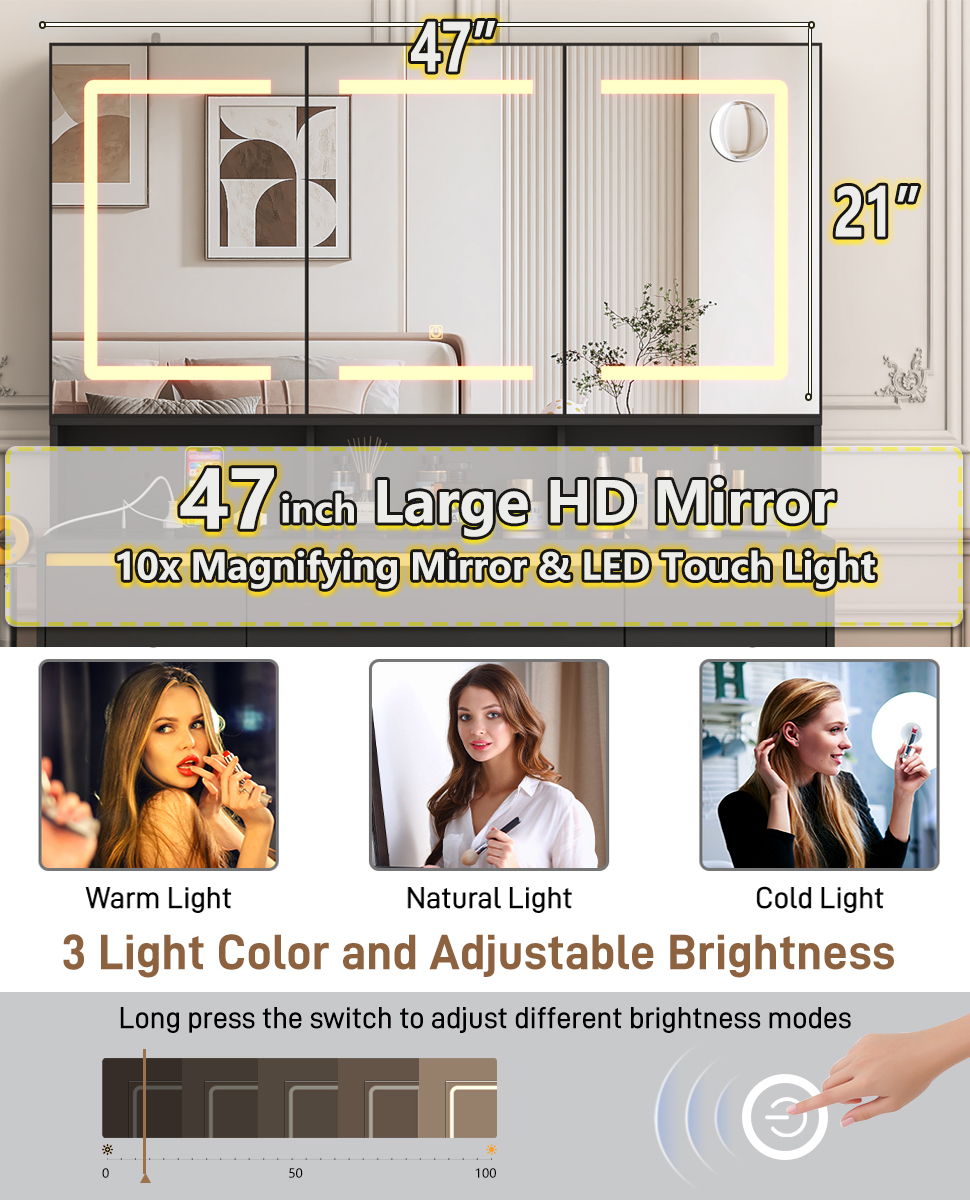 Vanity Desk with 47" Large Lighted Mirror & Sliding Jewelry Shelves & 5 Drawers