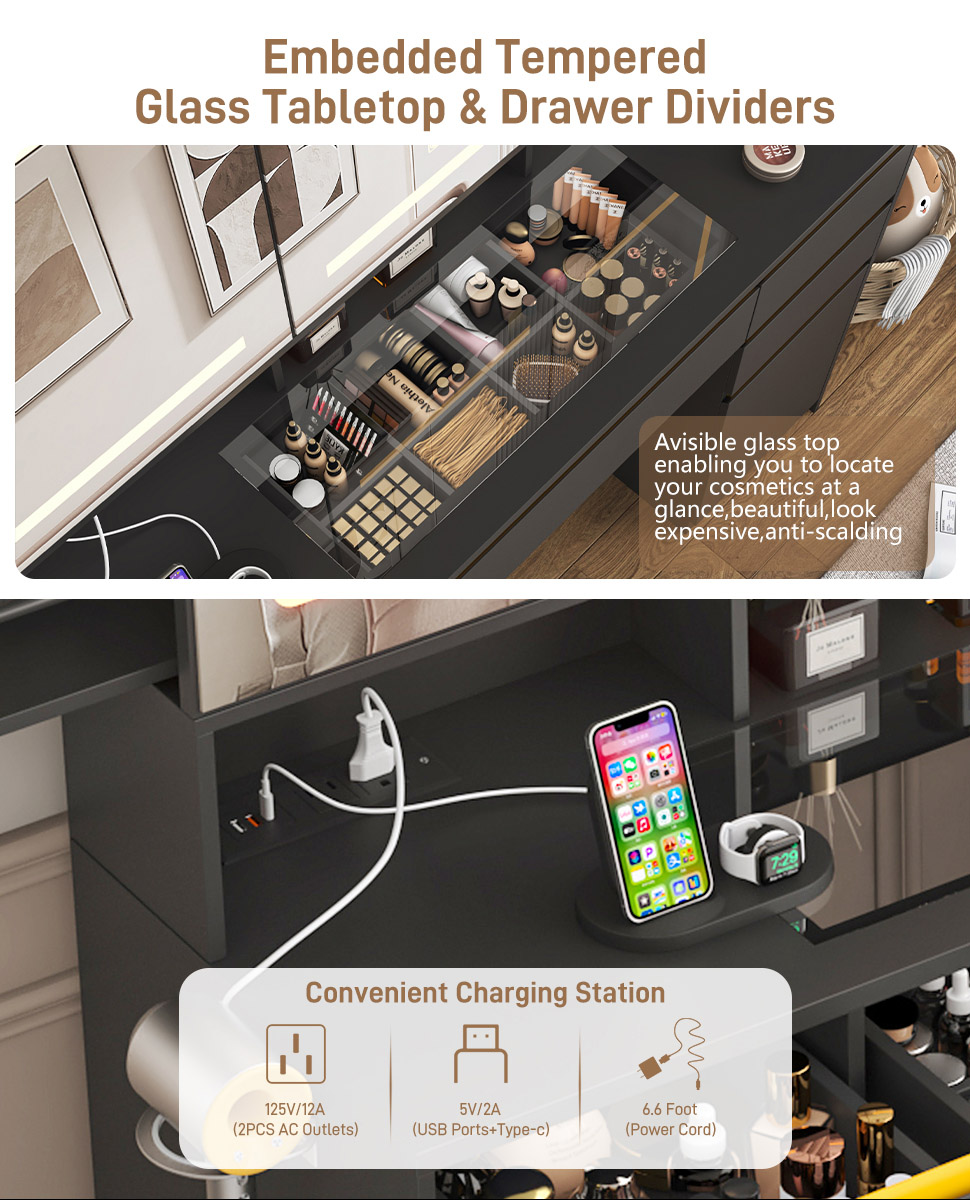 Vanity Desk with 47" Large Lighted Mirror & Sliding Jewelry Shelves & 5 Drawers