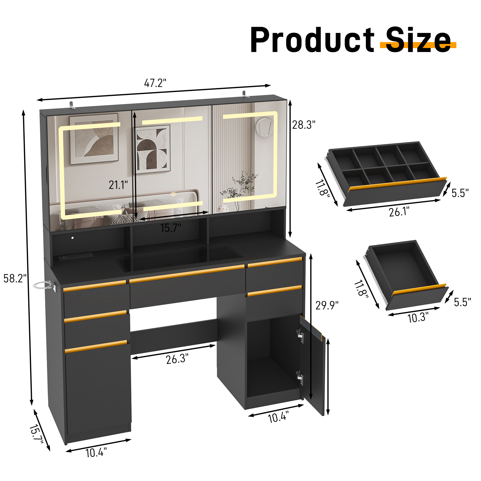 Vanity Desk with 47" Large Lighted Mirror & Sliding Jewelry Shelves & 5 Drawers