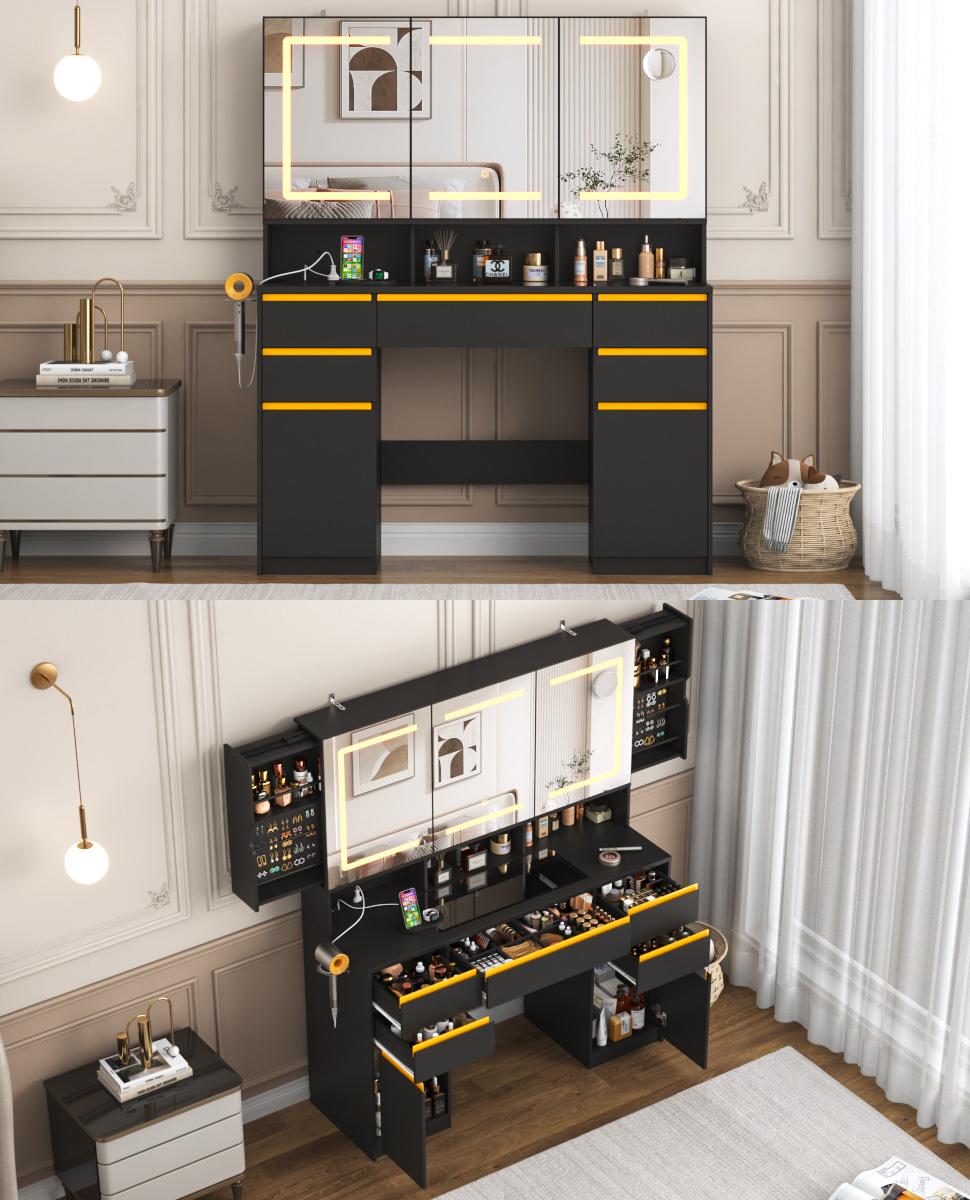 Vanity Desk with 47" Large Lighted Mirror & Sliding Jewelry Shelves & 5 Drawers