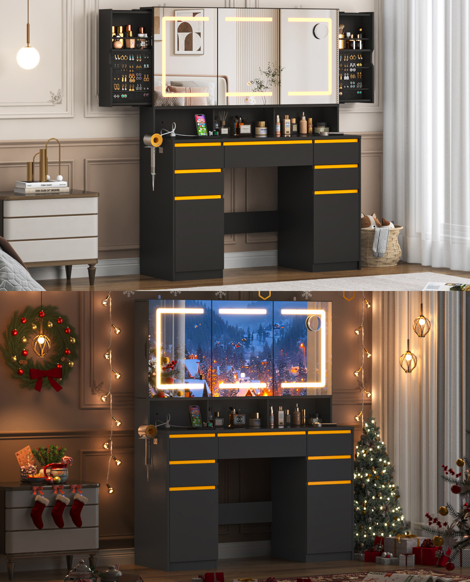 Vanity Desk with 47" Large Lighted Mirror & Sliding Jewelry Shelves & 5 Drawers