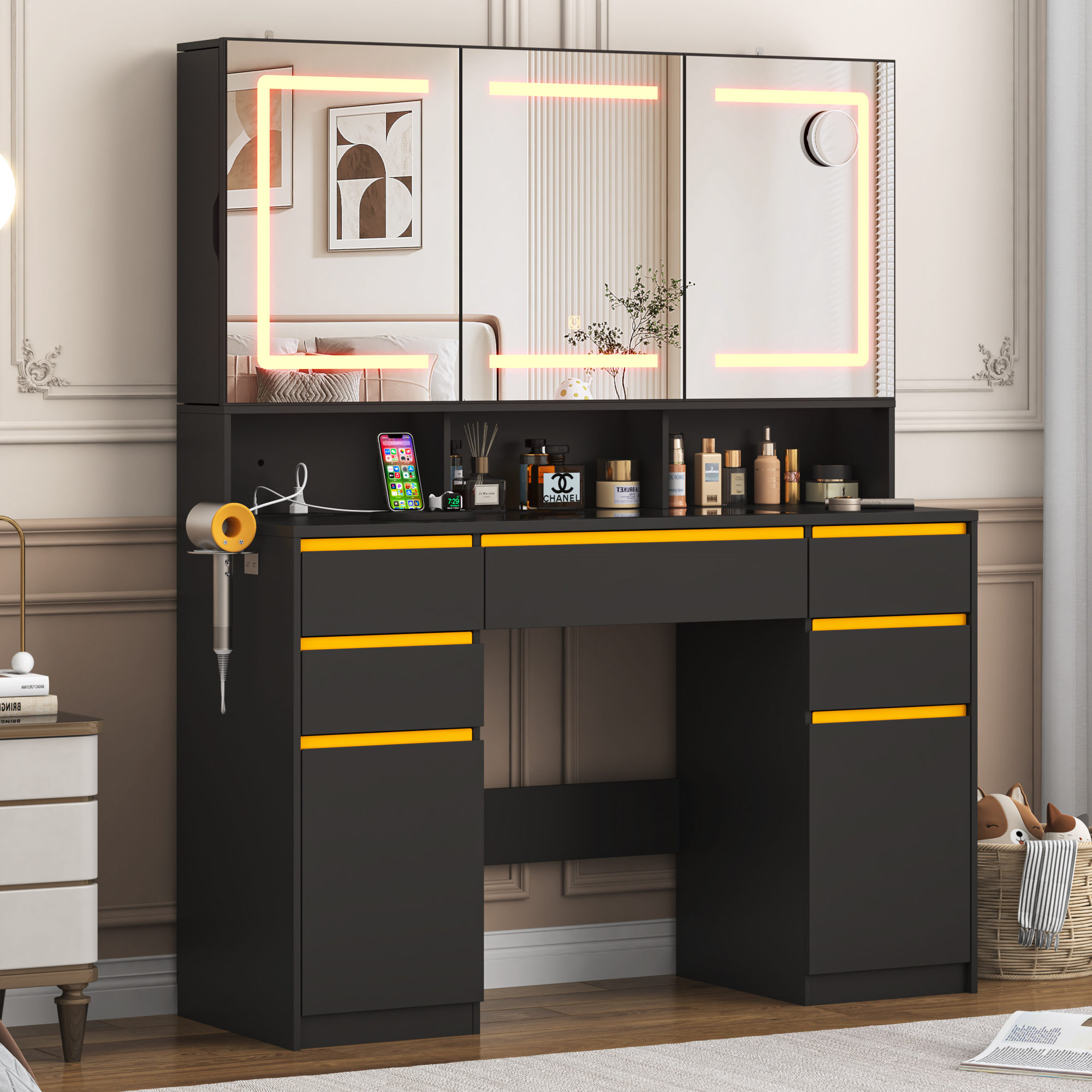 Vanity Desk with 47" Large Lighted Mirror & Sliding Jewelry Shelves & 5 Drawers