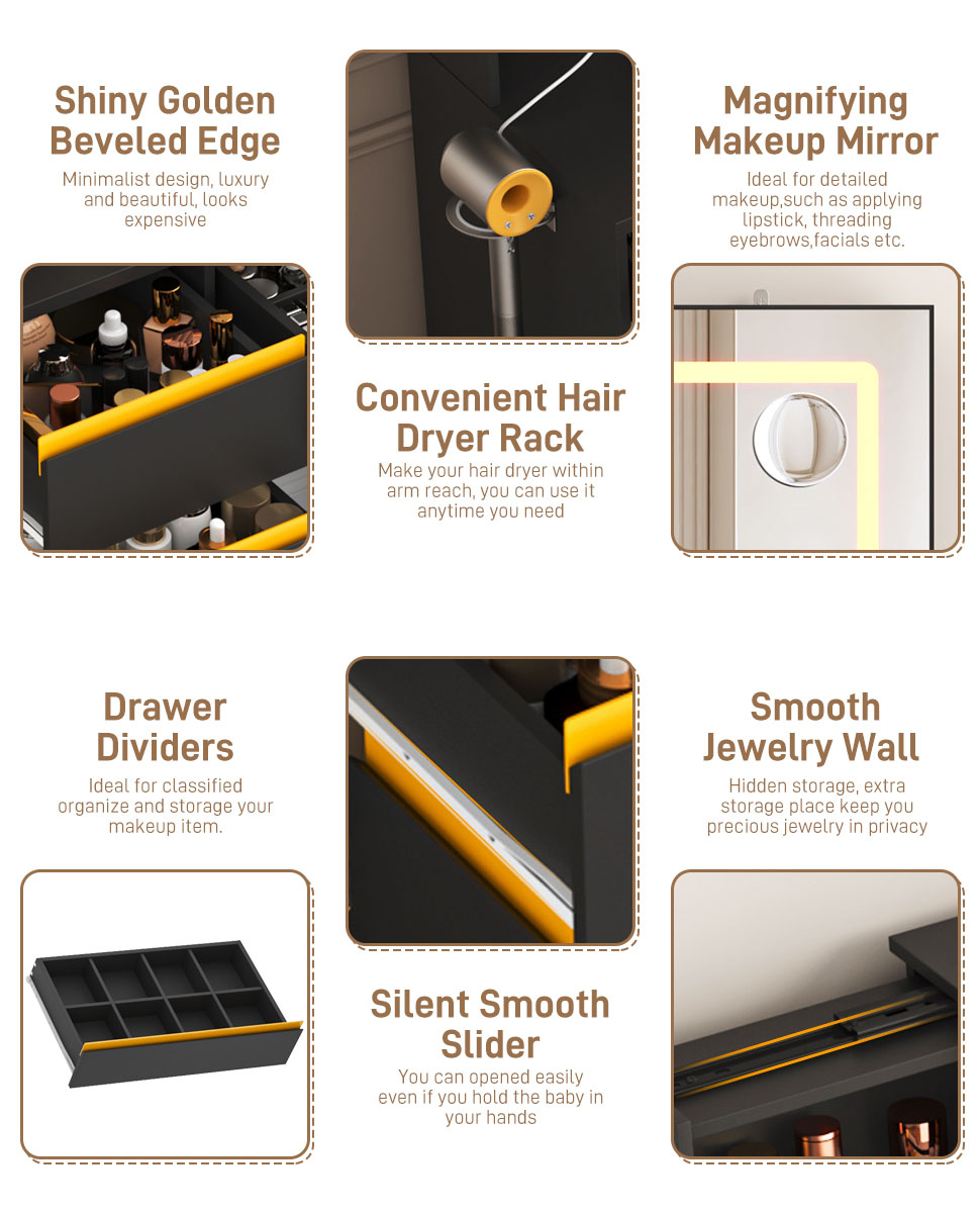 Vanity Desk with 47" Large Lighted Mirror & Sliding Jewelry Shelves & 5 Drawers