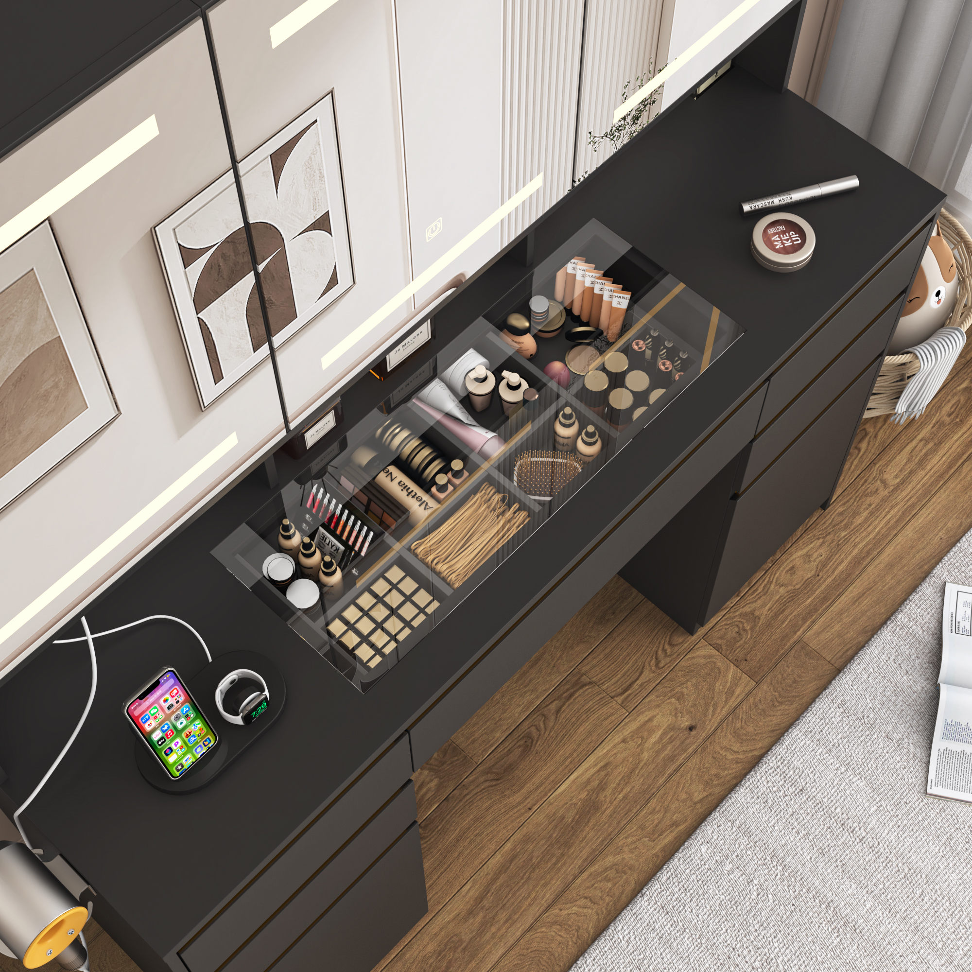 Vanity Desk with 47" Large Lighted Mirror & Sliding Jewelry Shelves & 5 Drawers