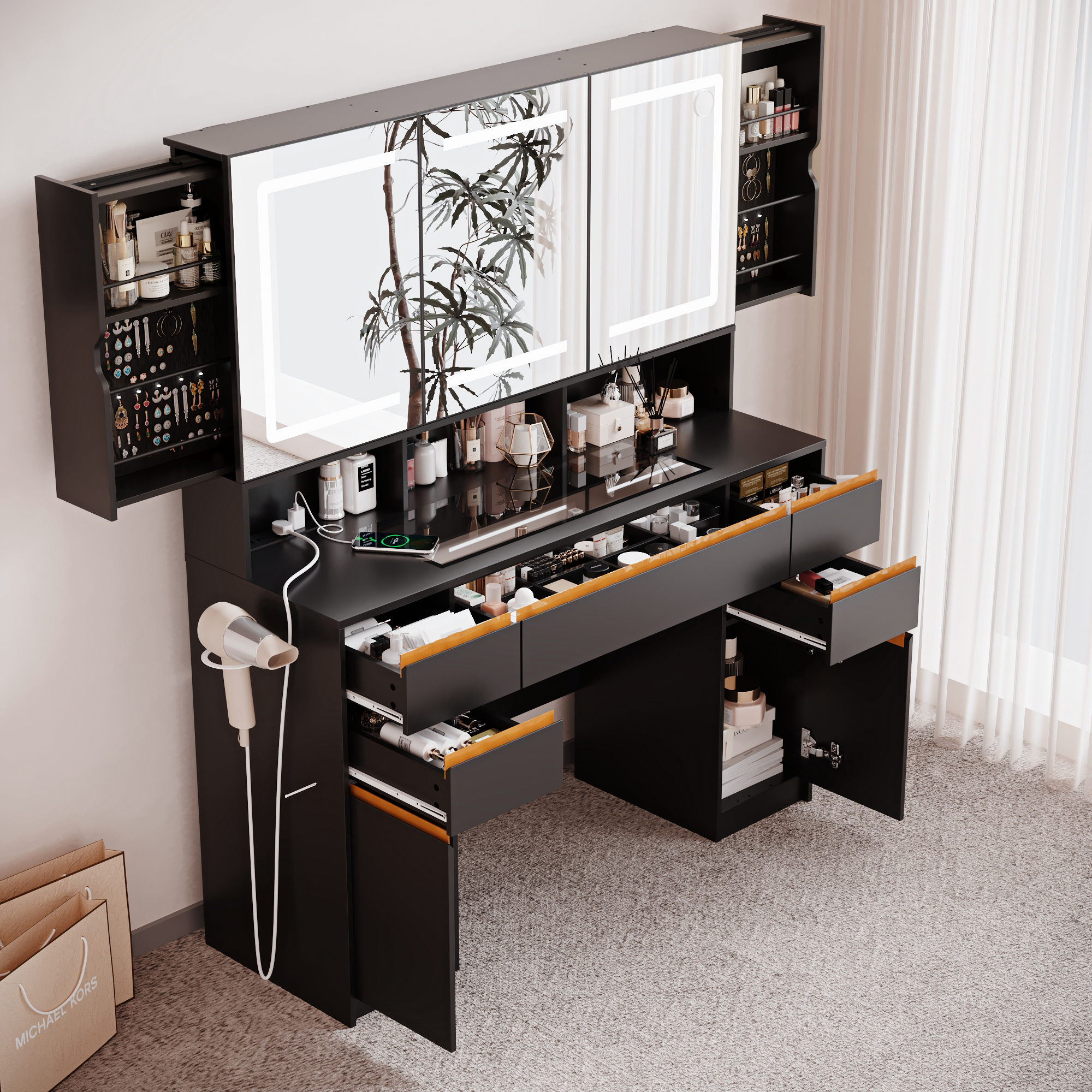 Blotout 47'' Large Vanity Desk with Tempered Glass Top/Charging Station, White Makeup Vanity with LED Mirror/5 Drawer/2 Cabinet/Hair Dryer Rack/2 Sliding Jewelry Storage Shelve for Women, Girls Gift