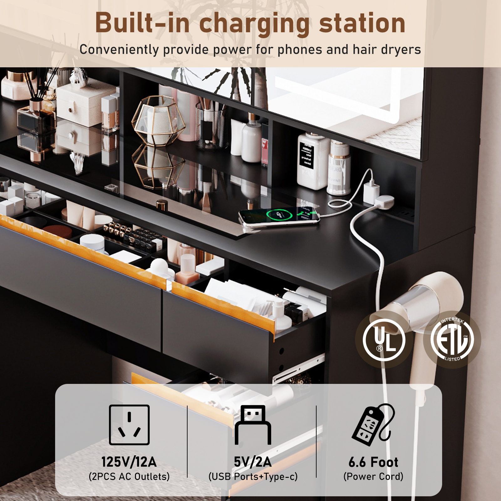 Blotout 47'' Large Vanity Desk with Tempered Glass Top/Charging Station, White Makeup Vanity with LED Mirror/5 Drawer/2 Cabinet/Hair Dryer Rack/2 Sliding Jewelry Storage Shelve for Women, Girls Gift