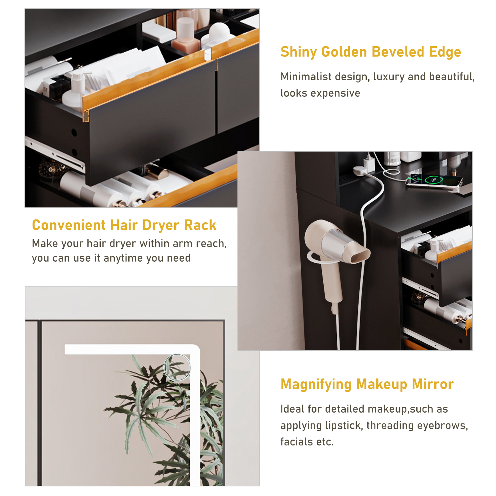 Blotout 47'' Large Vanity Desk with Tempered Glass Top/Charging Station, White Makeup Vanity with LED Mirror/5 Drawer/2 Cabinet/Hair Dryer Rack/2 Sliding Jewelry Storage Shelve for Women, Girls Gift