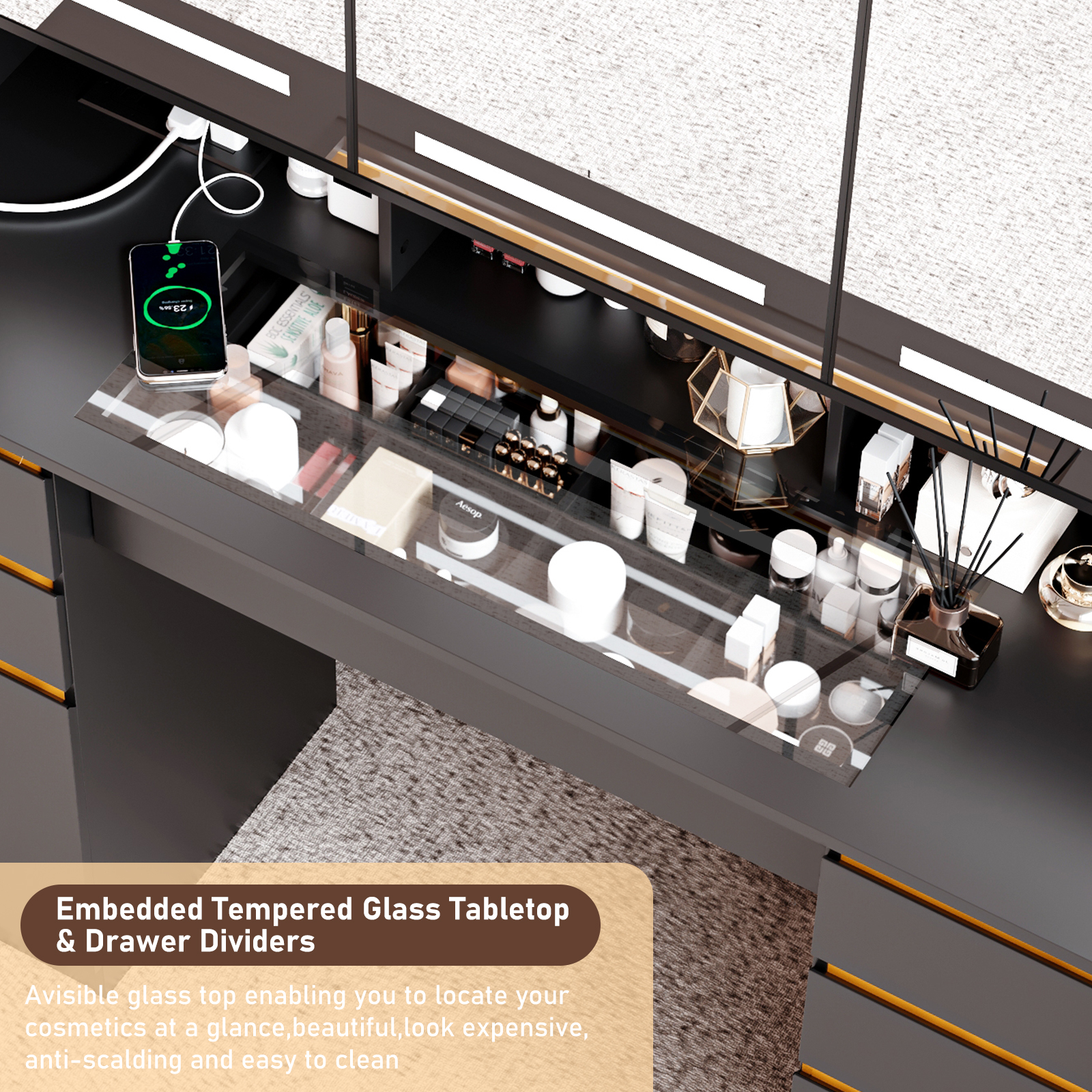 Blotout 47'' Large Vanity Desk with Tempered Glass Top/Charging Station, White Makeup Vanity with LED Mirror/5 Drawer/2 Cabinet/Hair Dryer Rack/2 Sliding Jewelry Storage Shelve for Women, Girls Gift