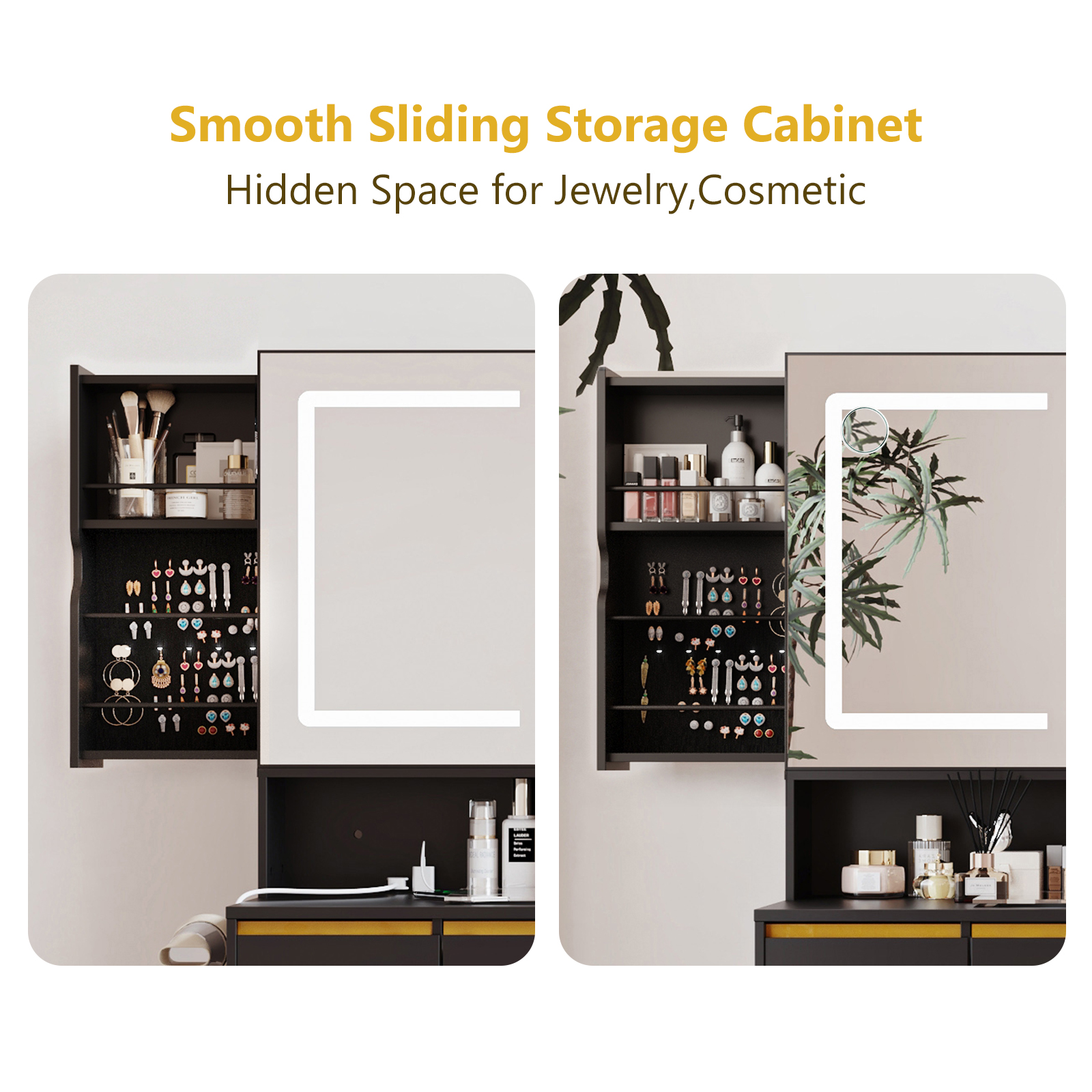 Blotout 47'' Large Vanity Desk with Tempered Glass Top/Charging Station, White Makeup Vanity with LED Mirror/5 Drawer/2 Cabinet/Hair Dryer Rack/2 Sliding Jewelry Storage Shelve for Women, Girls Gift