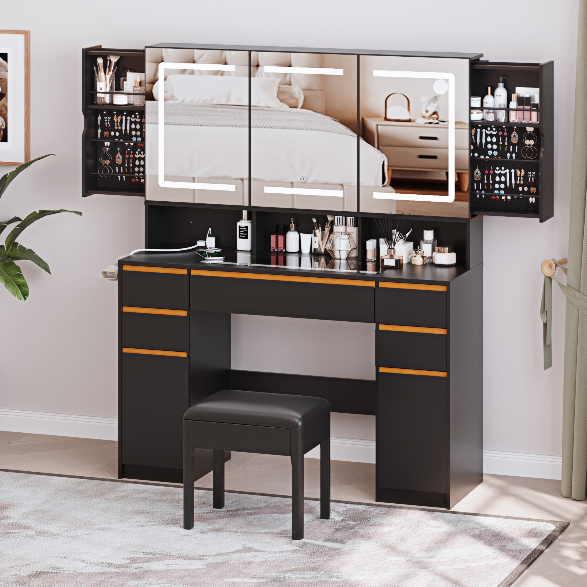 Blotout 47'' Large Vanity Desk with Tempered Glass Top/Charging Station, White Makeup Vanity with LED Mirror/5 Drawer/2 Cabinet/Hair Dryer Rack/2 Sliding Jewelry Storage Shelve for Women, Girls Gift