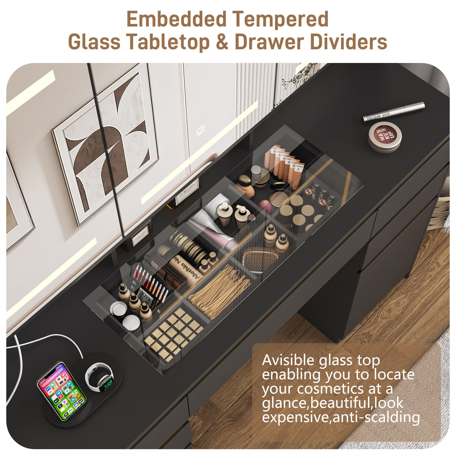 Vanity Desk with 47" Large Lighted Mirror & Sliding Jewelry Shelves & 5 Drawers