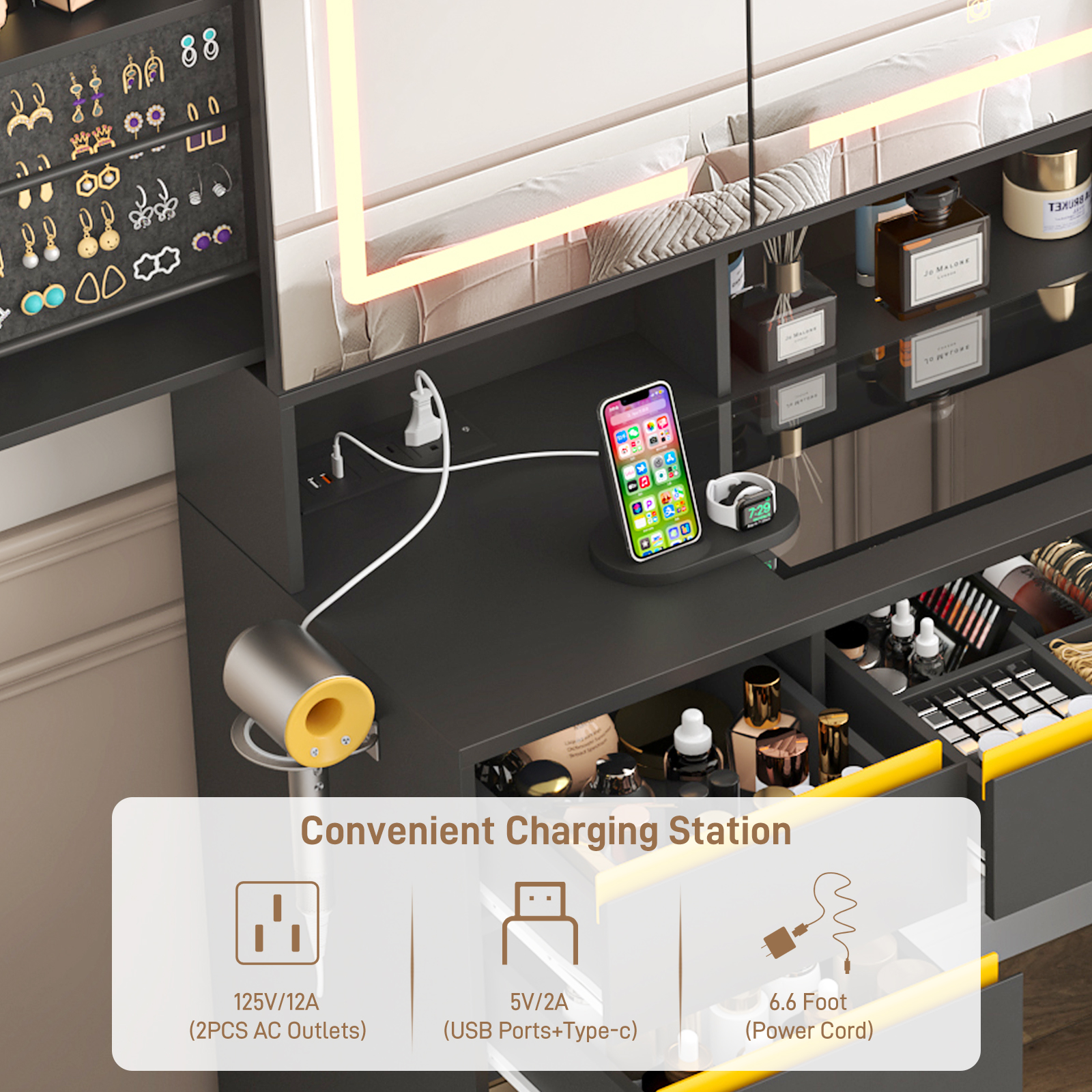 Vanity Desk with 47" Large Lighted Mirror & Sliding Jewelry Shelves & 5 Drawers