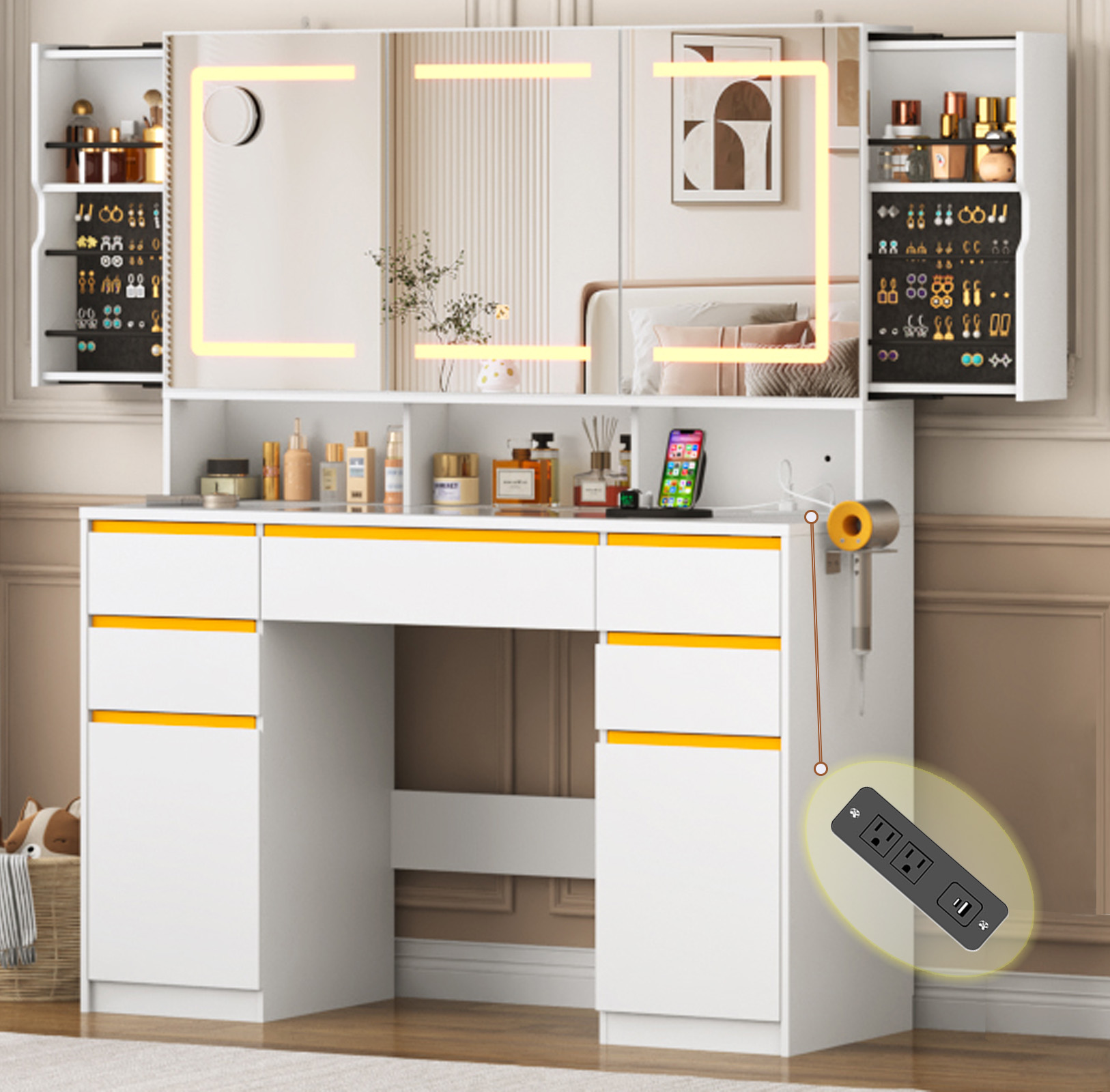 Vanity Desk with 47" Large Lighted Mirror & Sliding Jewelry Shelves & 5 Drawers