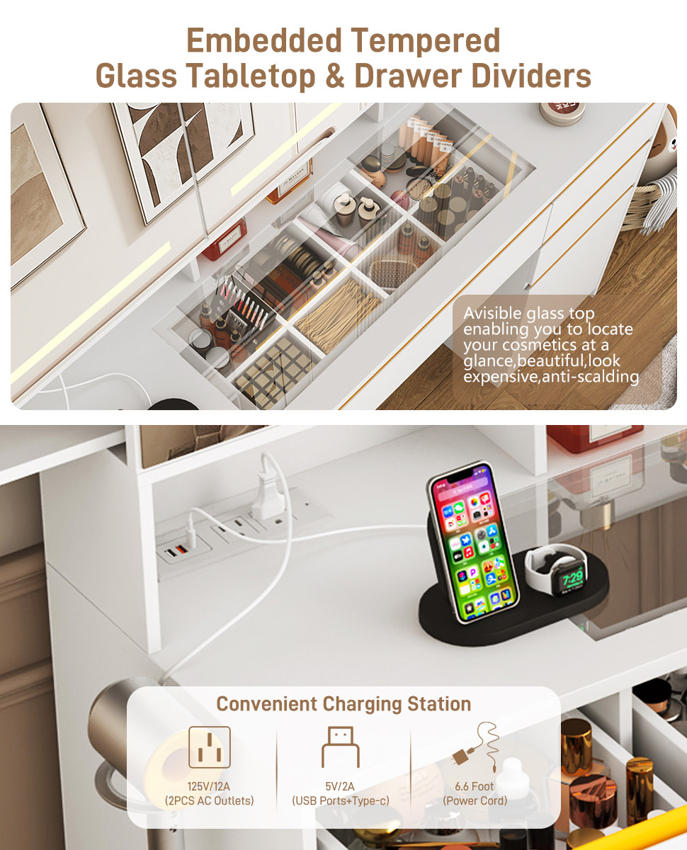 Vanity Desk with 47" Large Lighted Mirror & Sliding Jewelry Shelves & 5 Drawers