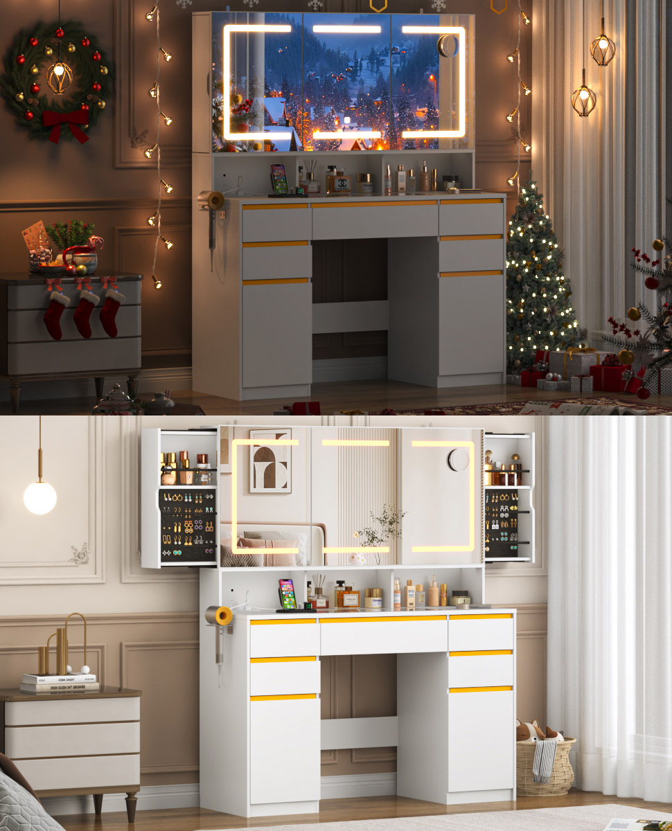 Vanity Desk with 47" Large Lighted Mirror & Sliding Jewelry Shelves & 5 Drawers