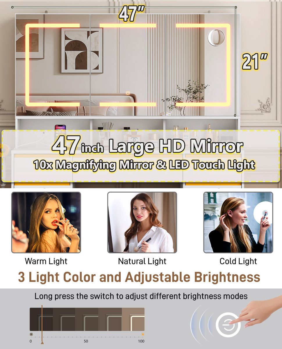 Vanity Desk with 47" Large Lighted Mirror & Sliding Jewelry Shelves & 5 Drawers