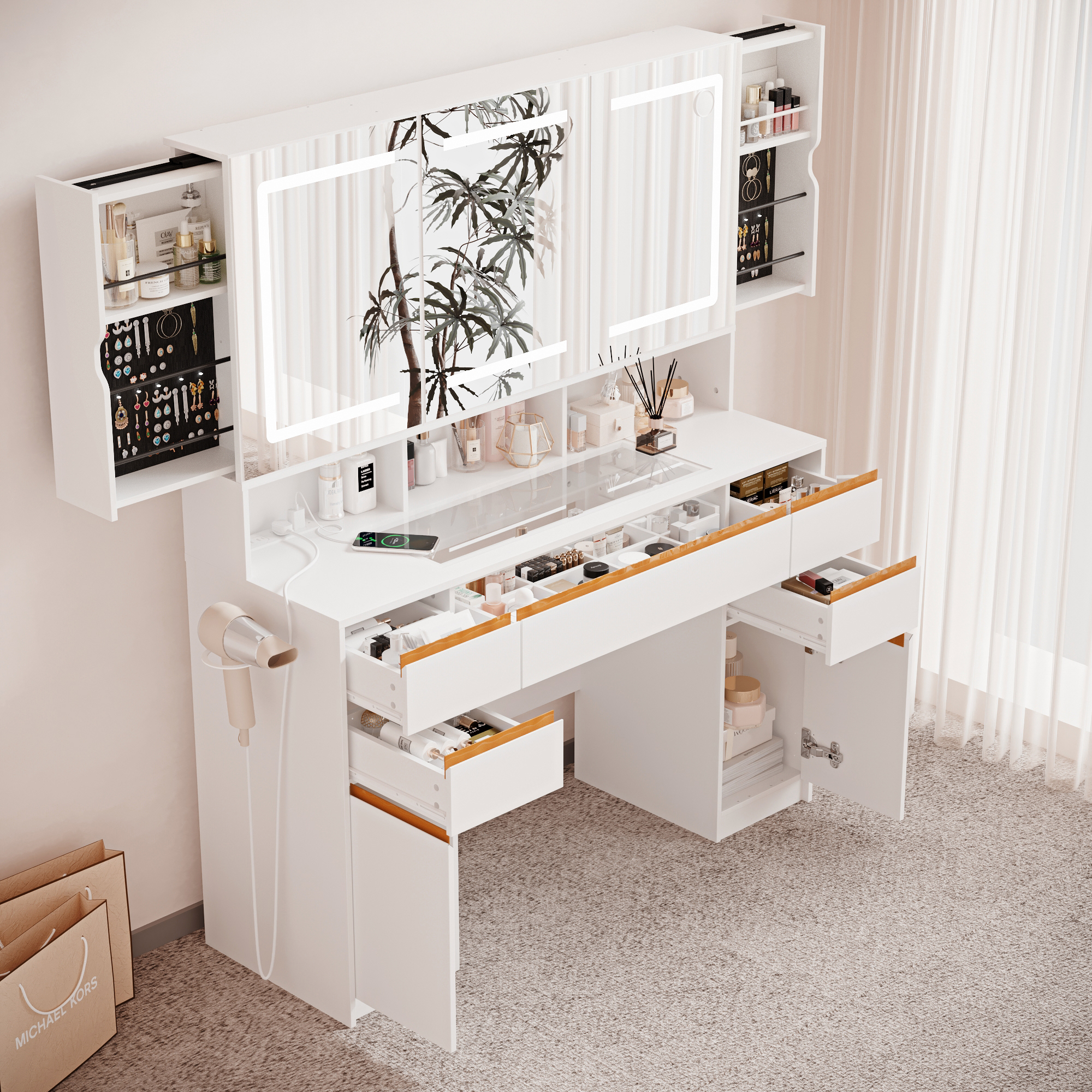 Blotout 47'' Large Vanity Desk with Tempered Glass Top/Charging Station, White Makeup Vanity with LED Mirror/5 Drawer/2 Cabinet/Hair Dryer Rack/2 Sliding Jewelry Storage Shelve for Women, Girls Gift