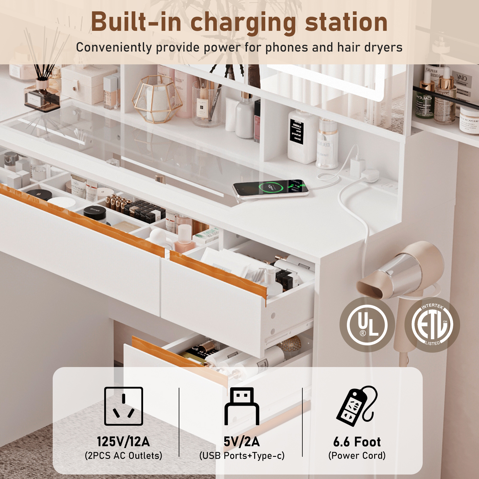 Blotout 47'' Large Vanity Desk with Tempered Glass Top/Charging Station, White Makeup Vanity with LED Mirror/5 Drawer/2 Cabinet/Hair Dryer Rack/2 Sliding Jewelry Storage Shelve for Women, Girls Gift