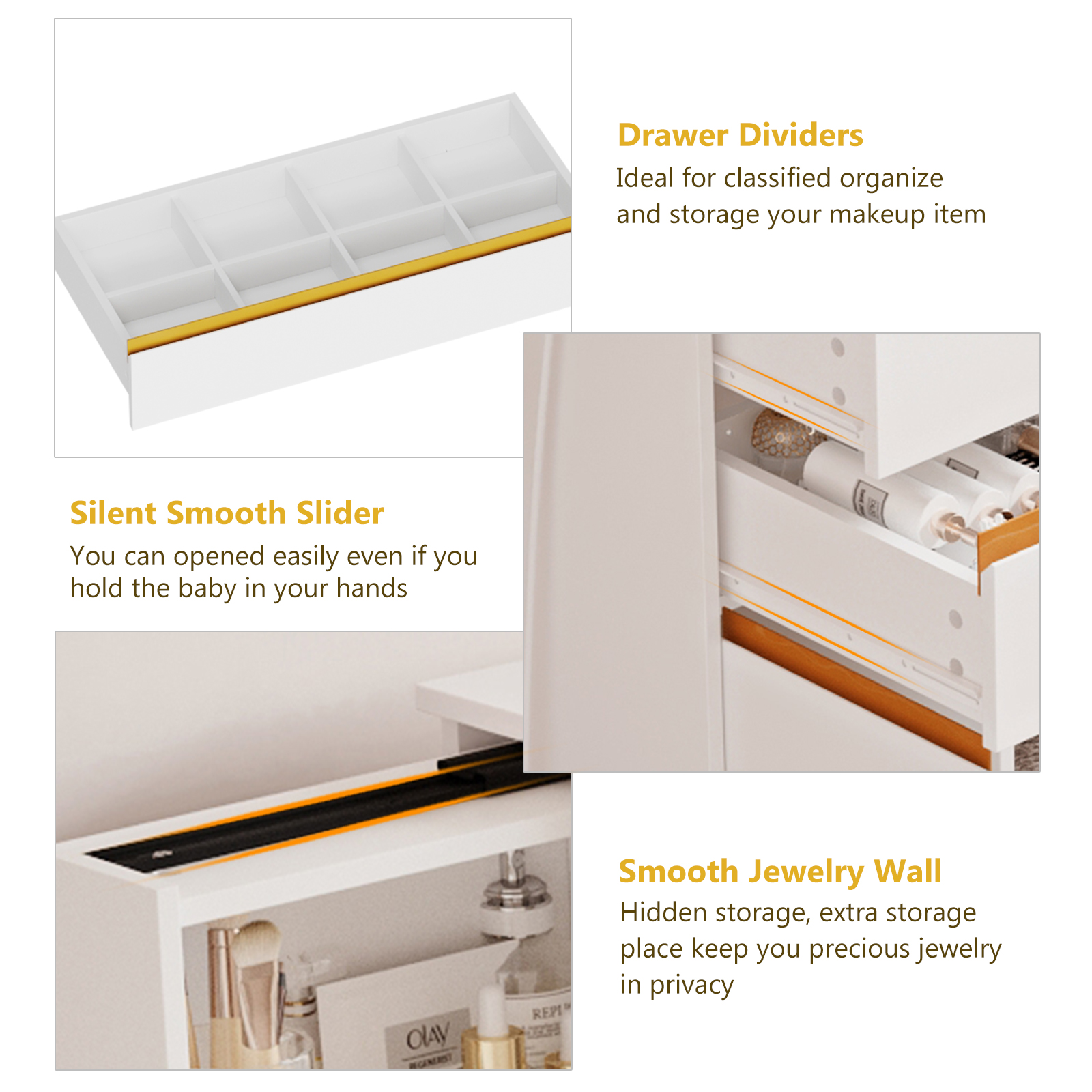 Blotout 47'' Large Vanity Desk with Tempered Glass Top/Charging Station, White Makeup Vanity with LED Mirror/5 Drawer/2 Cabinet/Hair Dryer Rack/2 Sliding Jewelry Storage Shelve for Women, Girls Gift