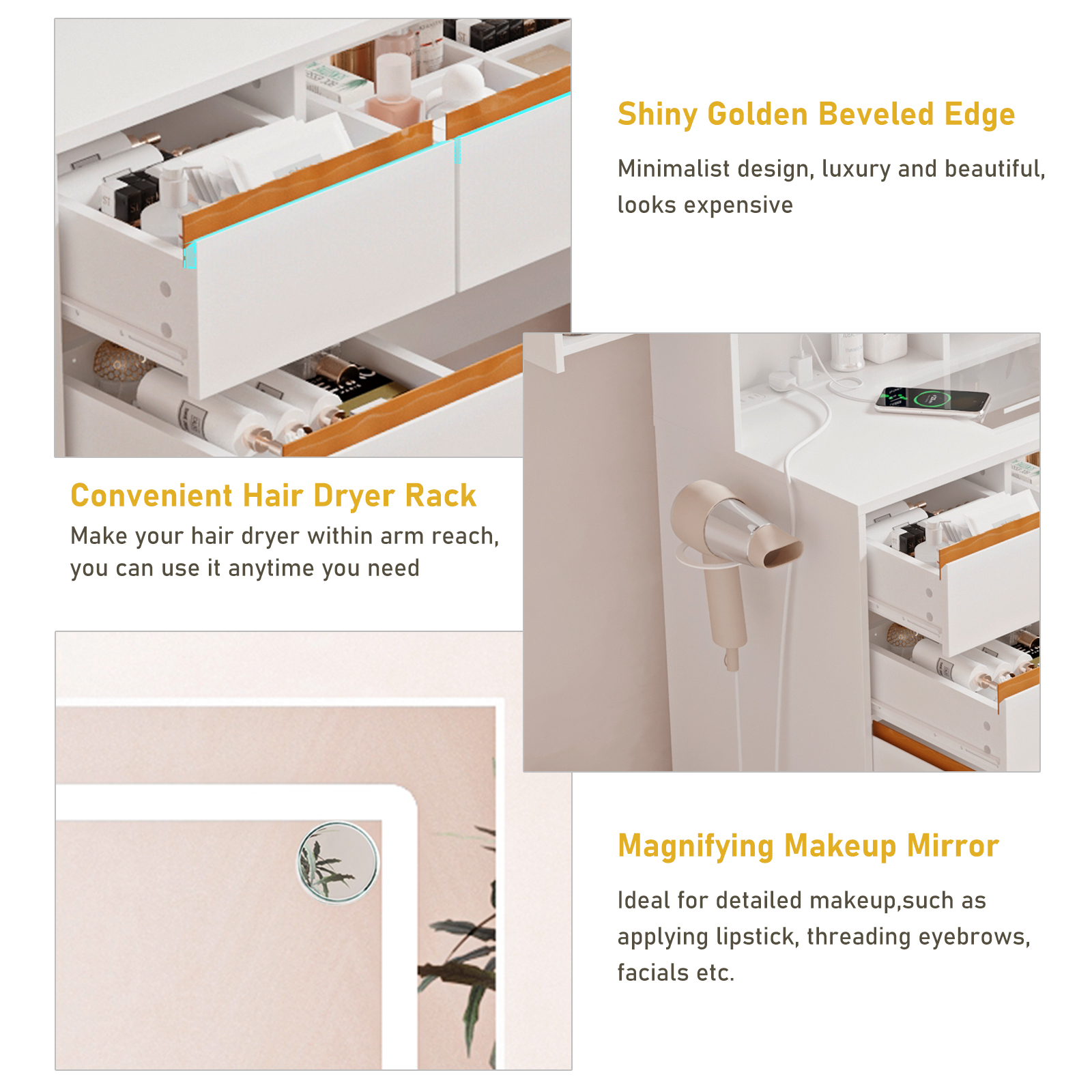 Blotout 47'' Large Vanity Desk with Tempered Glass Top/Charging Station, White Makeup Vanity with LED Mirror/5 Drawer/2 Cabinet/Hair Dryer Rack/2 Sliding Jewelry Storage Shelve for Women, Girls Gift