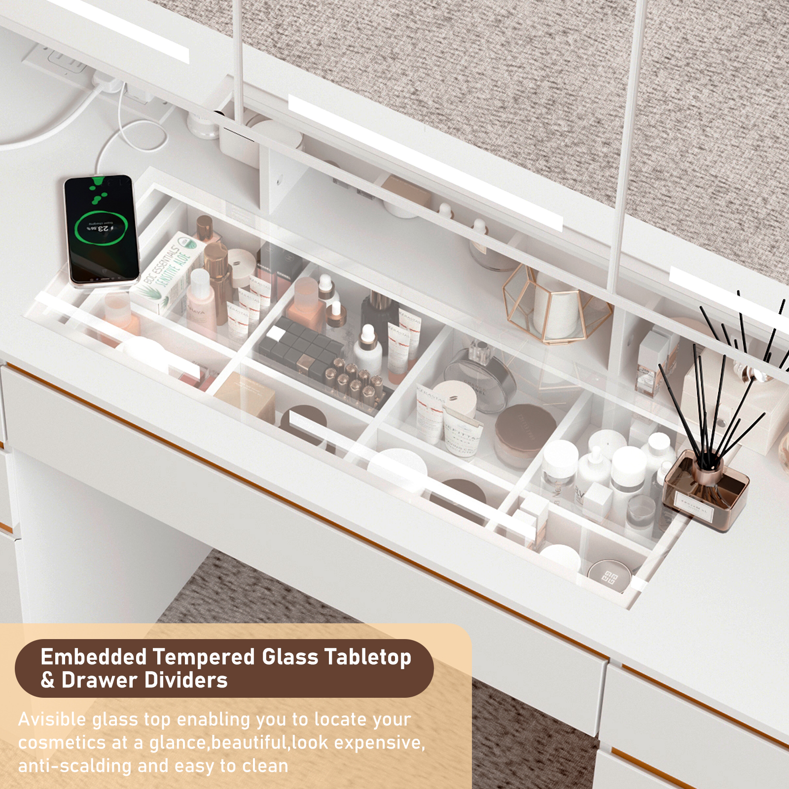 Blotout 47'' Large Vanity Desk with Tempered Glass Top/Charging Station, White Makeup Vanity with LED Mirror/5 Drawer/2 Cabinet/Hair Dryer Rack/2 Sliding Jewelry Storage Shelve for Women, Girls Gift