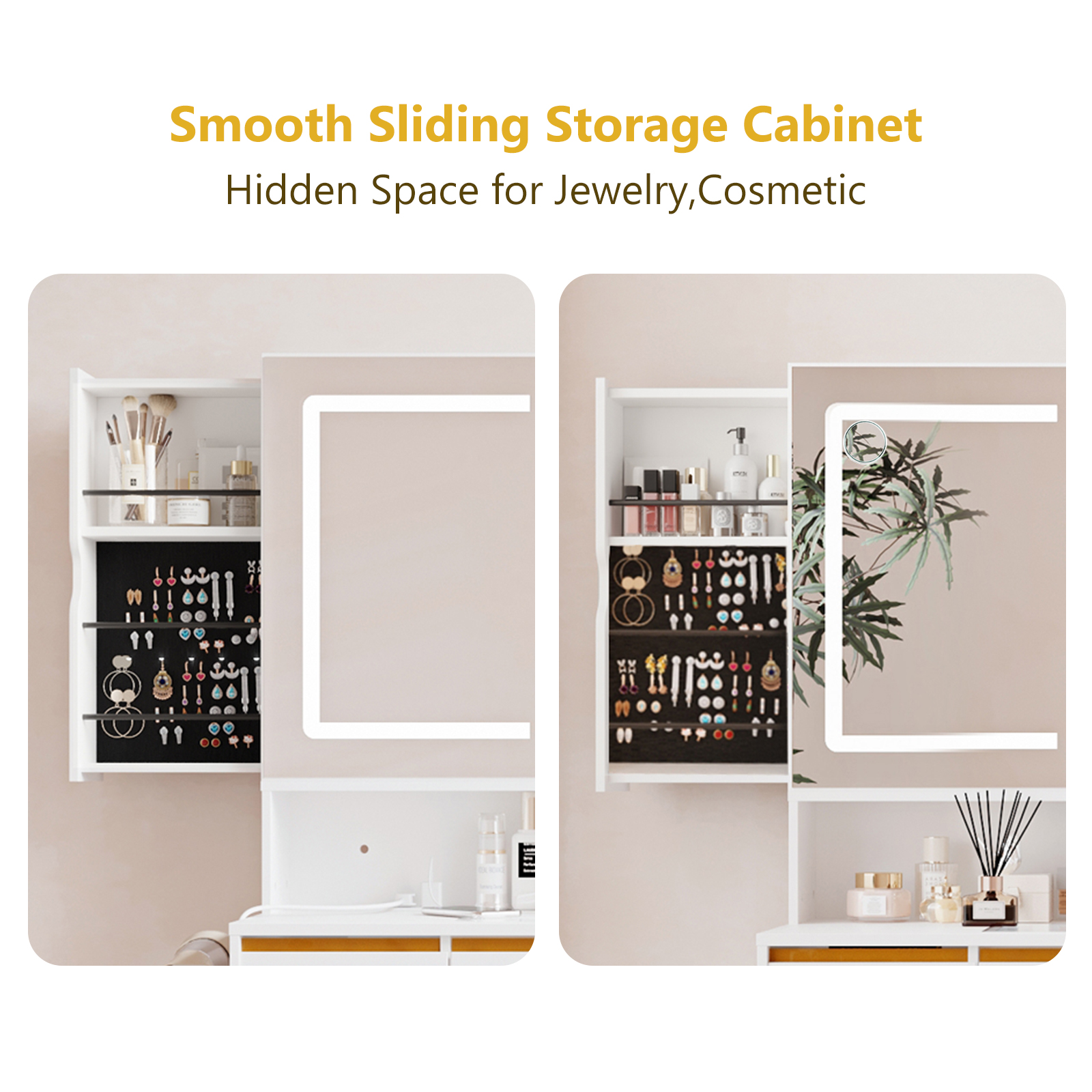 Blotout 47'' Large Vanity Desk with Tempered Glass Top/Charging Station, White Makeup Vanity with LED Mirror/5 Drawer/2 Cabinet/Hair Dryer Rack/2 Sliding Jewelry Storage Shelve for Women, Girls Gift