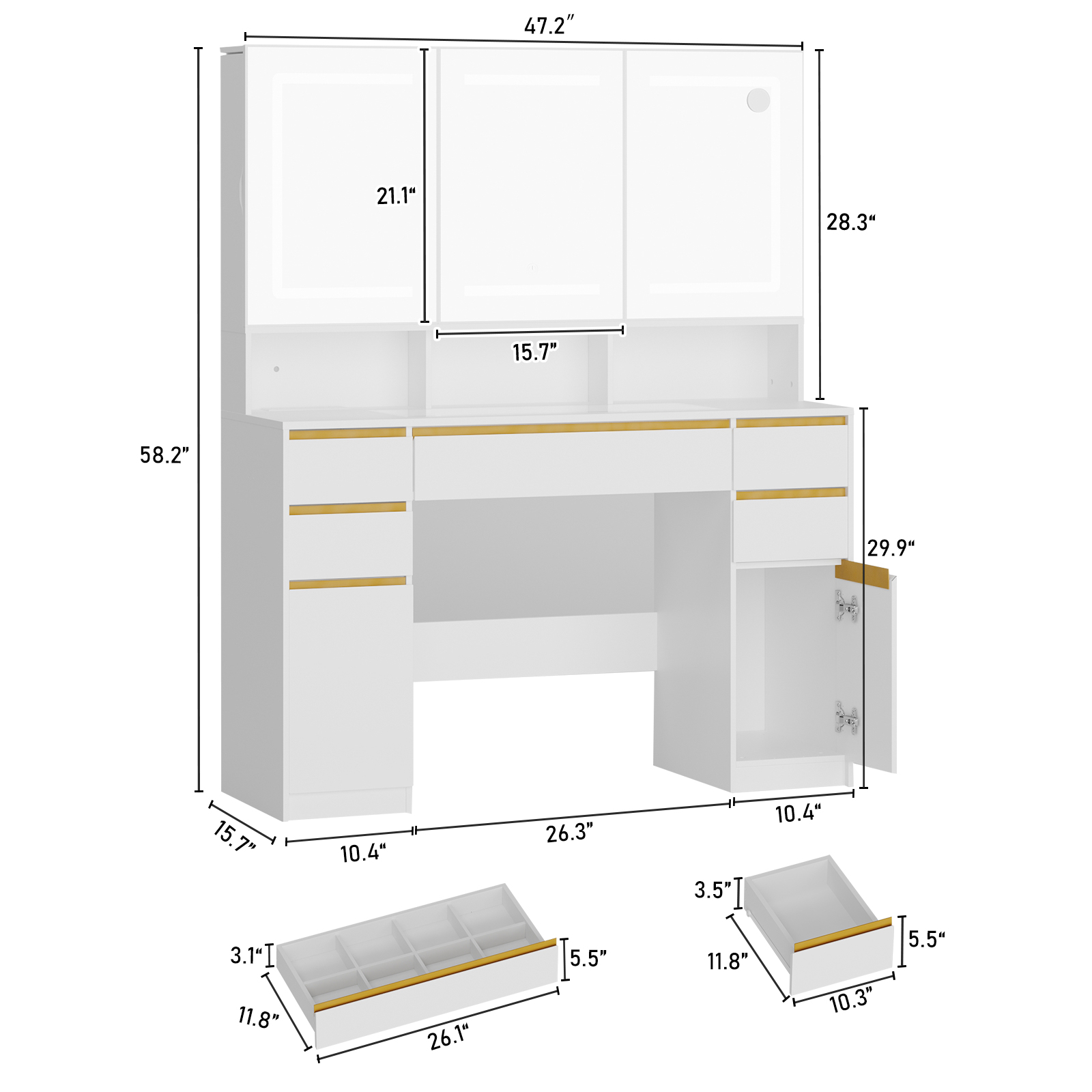 Blotout 47'' Large Vanity Desk with Tempered Glass Top/Charging Station, White Makeup Vanity with LED Mirror/5 Drawer/2 Cabinet/Hair Dryer Rack/2 Sliding Jewelry Storage Shelve for Women, Girls Gift