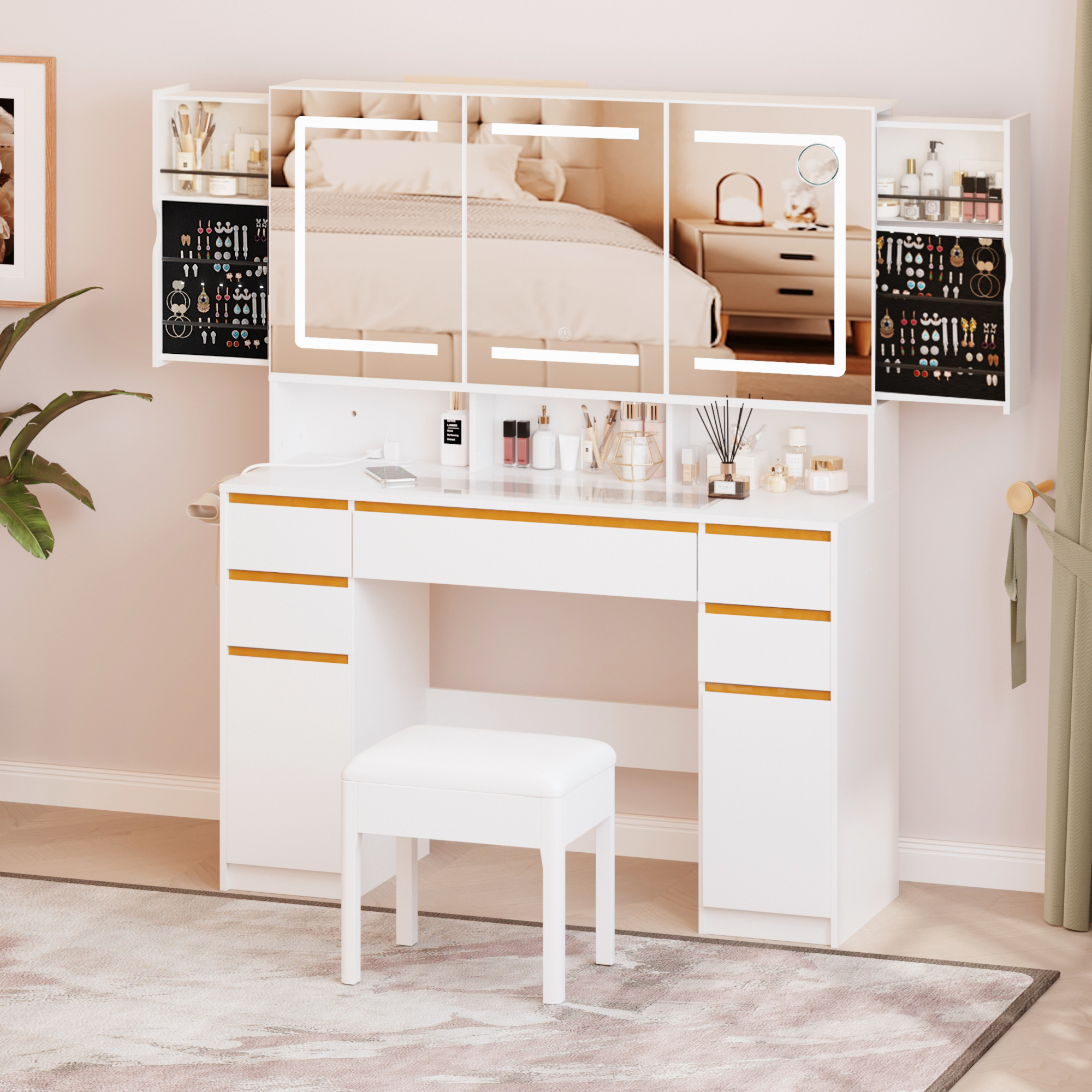 Blotout 47'' Large Vanity Desk with Tempered Glass Top/Charging Station, White Makeup Vanity with LED Mirror/5 Drawer/2 Cabinet/Hair Dryer Rack/2 Sliding Jewelry Storage Shelve for Women, Girls Gift