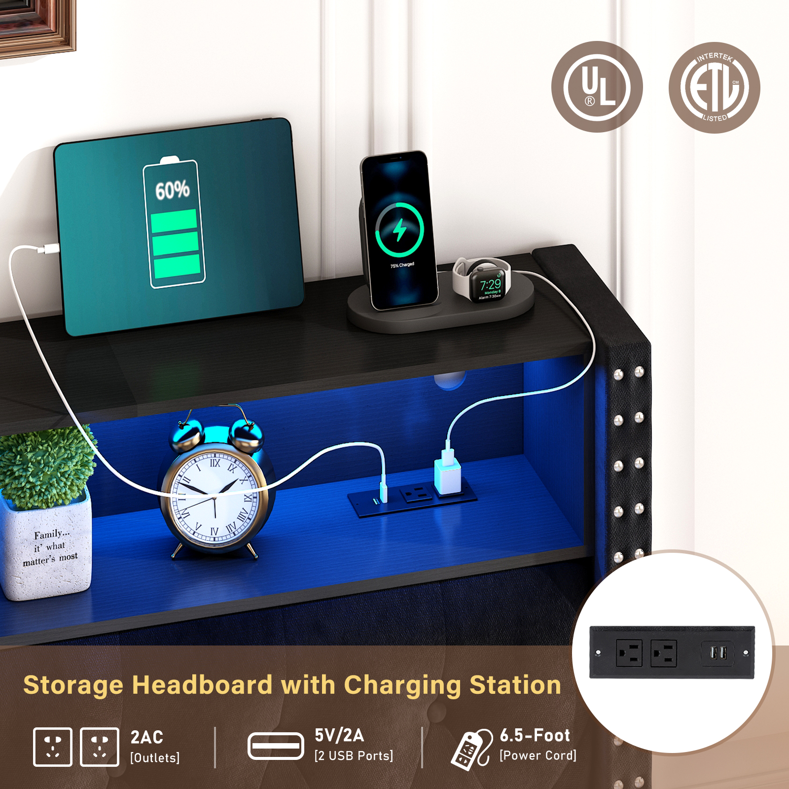 Blotout King LED Upholstered Floating Bed Frame with Wingback Headboard, Velvet Diamond Button Tufted Bed Frame USB & AC Outlets and Side Pockets, Wood Slats Support, No Box Spring Needed