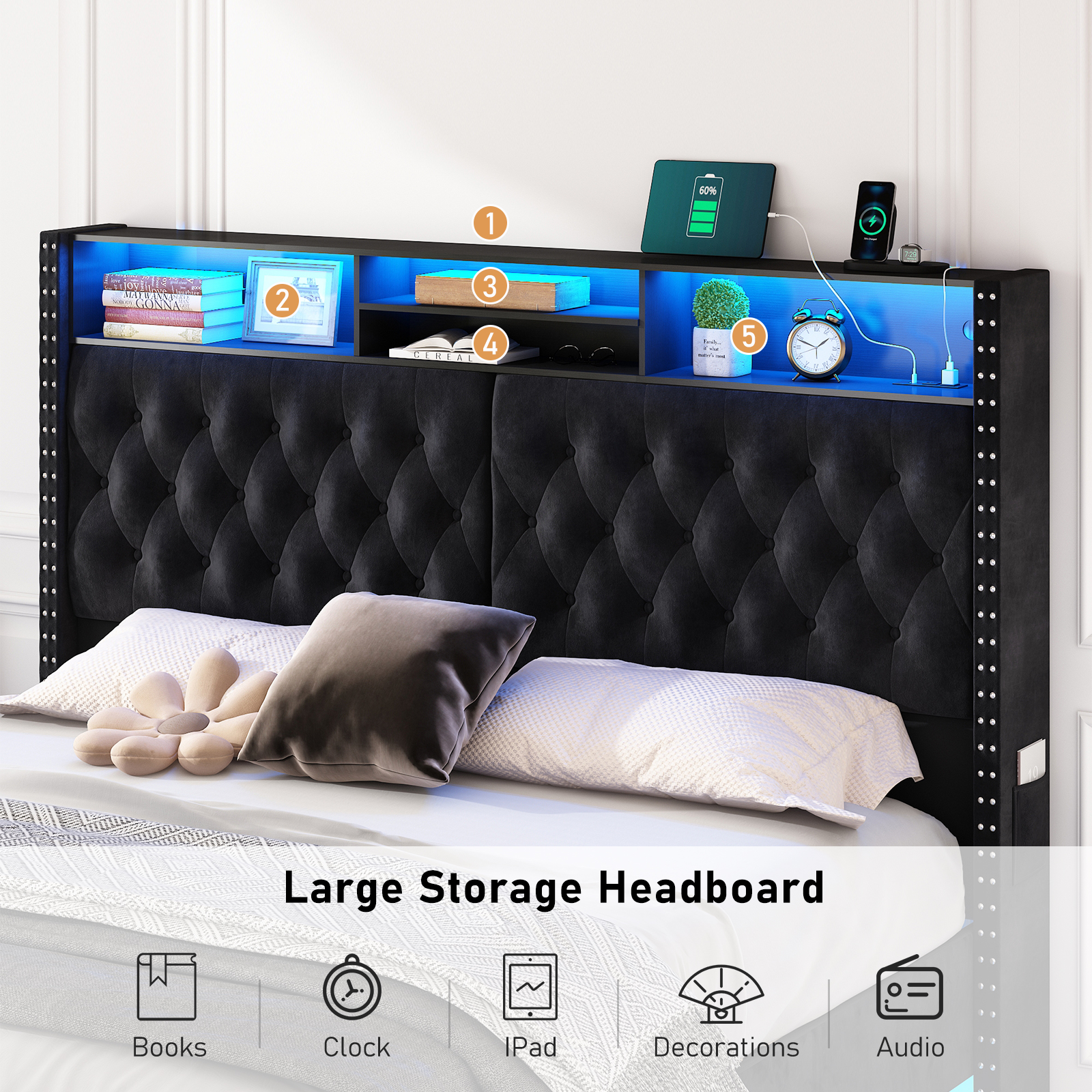 Blotout King LED Upholstered Floating Bed Frame with Wingback Headboard, Velvet Diamond Button Tufted Bed Frame USB & AC Outlets and Side Pockets, Wood Slats Support, No Box Spring Needed